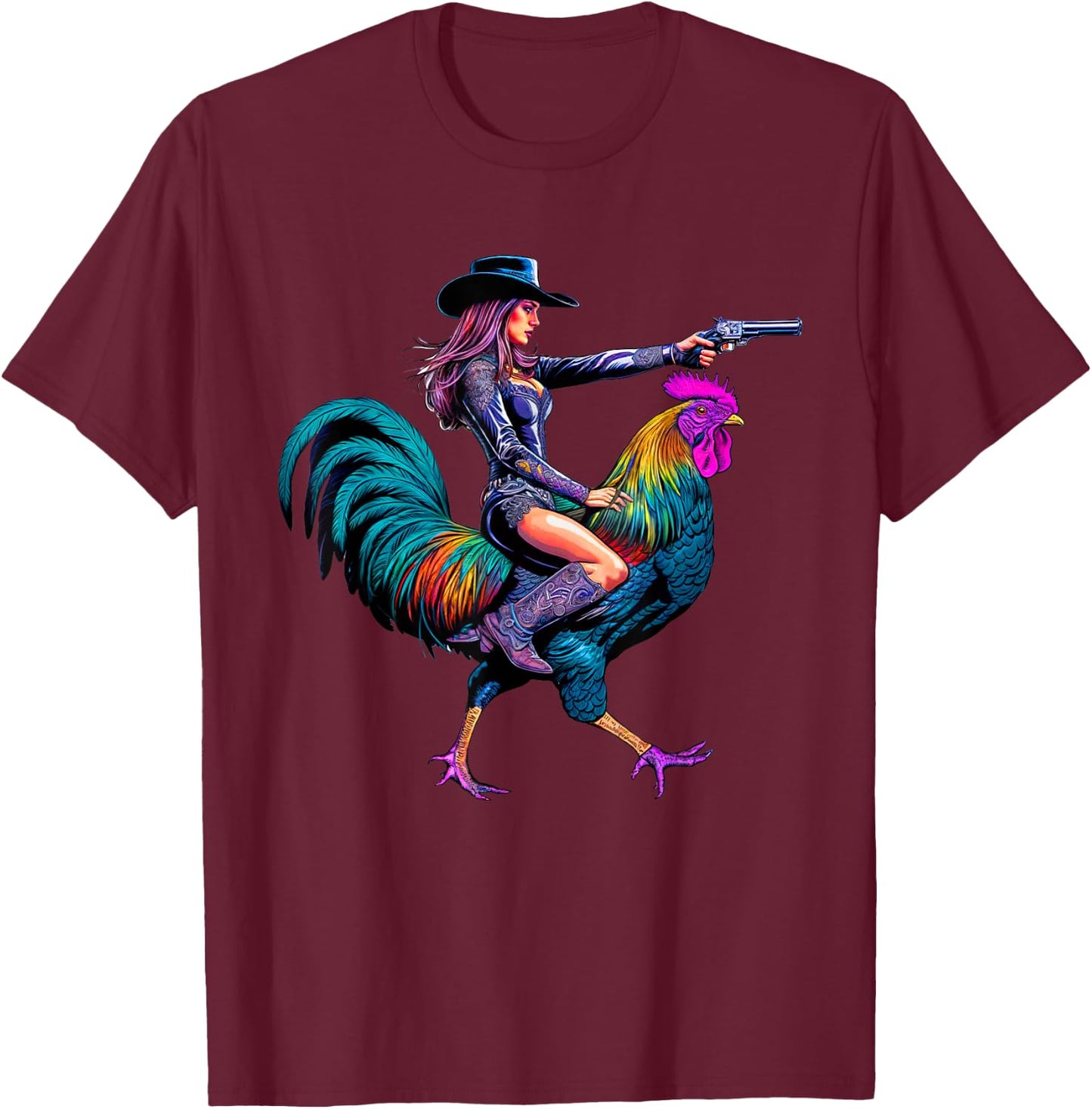 Rooster Cowboy Cowgirl Riding Chicken Whimsical Western T-Shirt - T-Shirt | Maroon