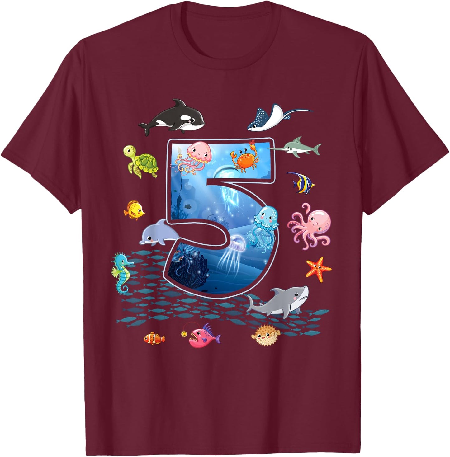 5th Birthday Aquarium Sea Aquatic Animals Lover Boys Girls T-Shirt - T-Shirt | Maroon