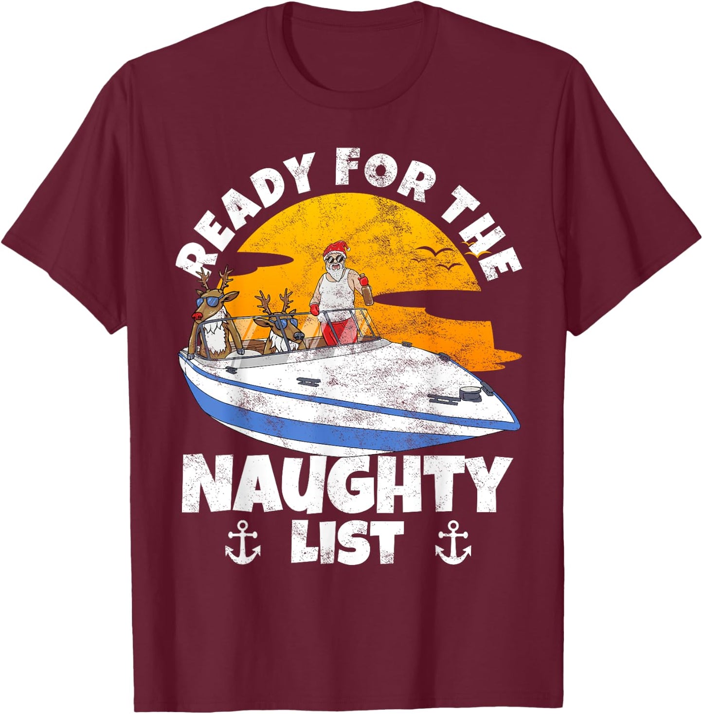 Ready For Naughty List on Christmas in July Santa on a Boat T-Shirt - T-Shirt | Maroon