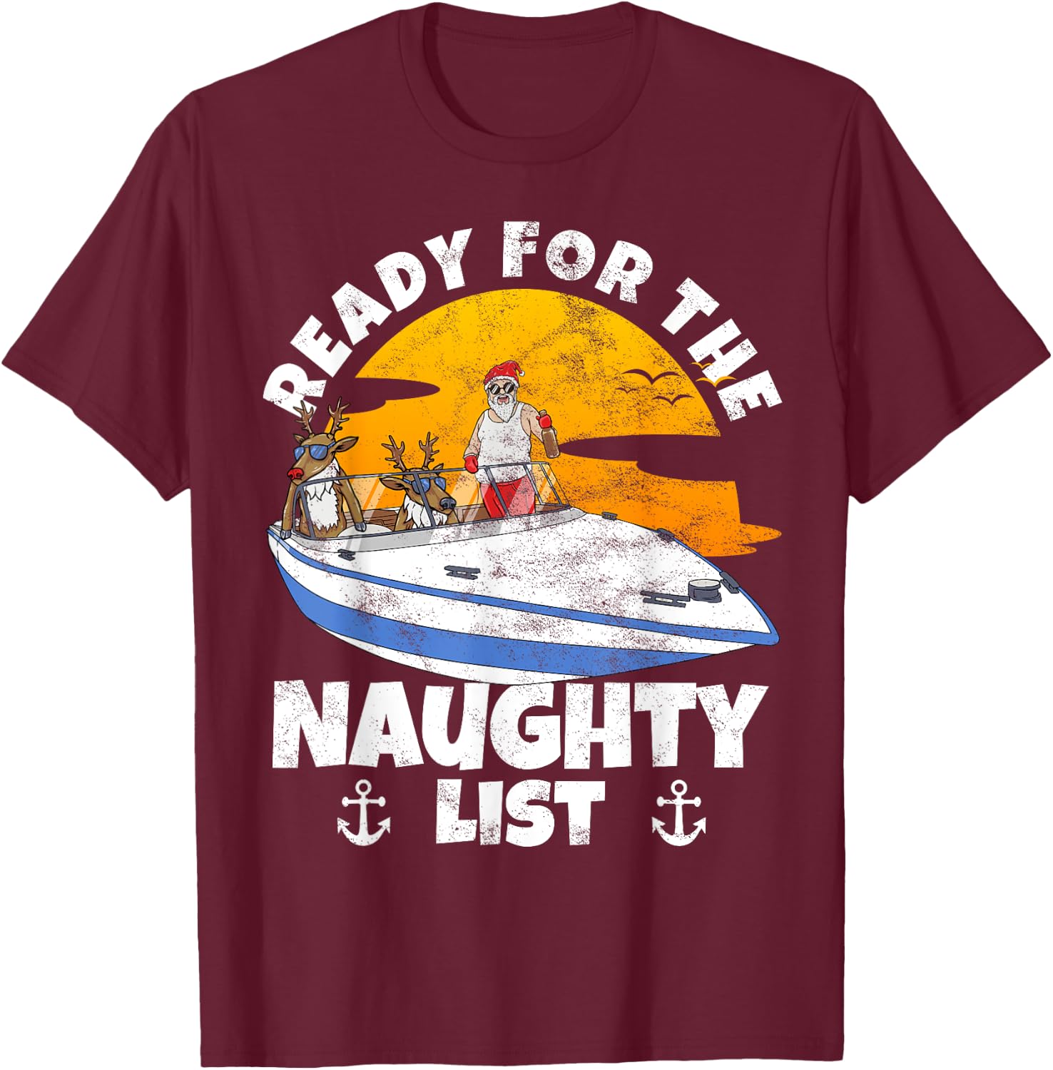 Ready For Naughty List on Christmas in July Santa on a Boat T-Shirt - T-Shirt | Maroon