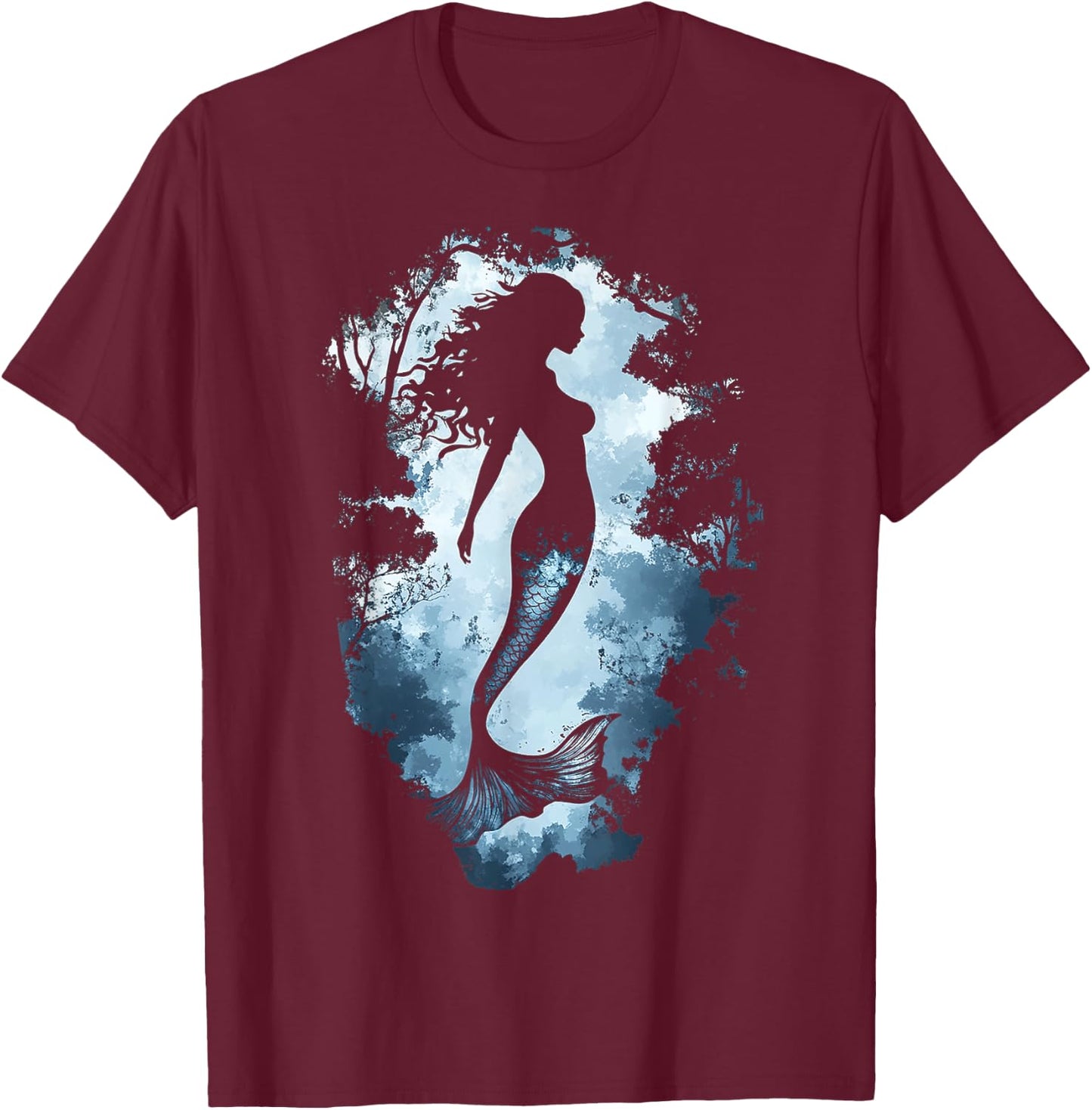 Mermaid Forest Mythical Motif Women Fantasy Graphic Mermaid T-Shirt - T-Shirt | Maroon