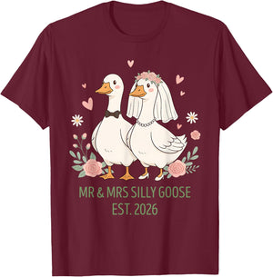 Mr and Mrs Silly Goose, Couple Matching Wedding Funny Meme T-Shirt - T-Shirt | Maroon