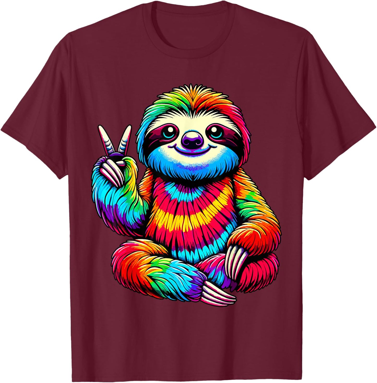 Tie-Dye Sloth Peace Sign Hippie T-Shirt - T-Shirt | Maroon