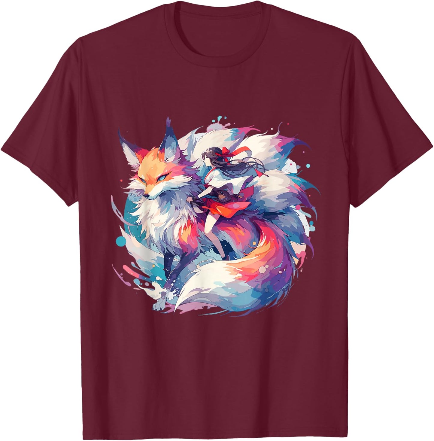 Anime Kitsune Girl On Nine-tailed Fox T-Shirt - T-Shirt | Maroon