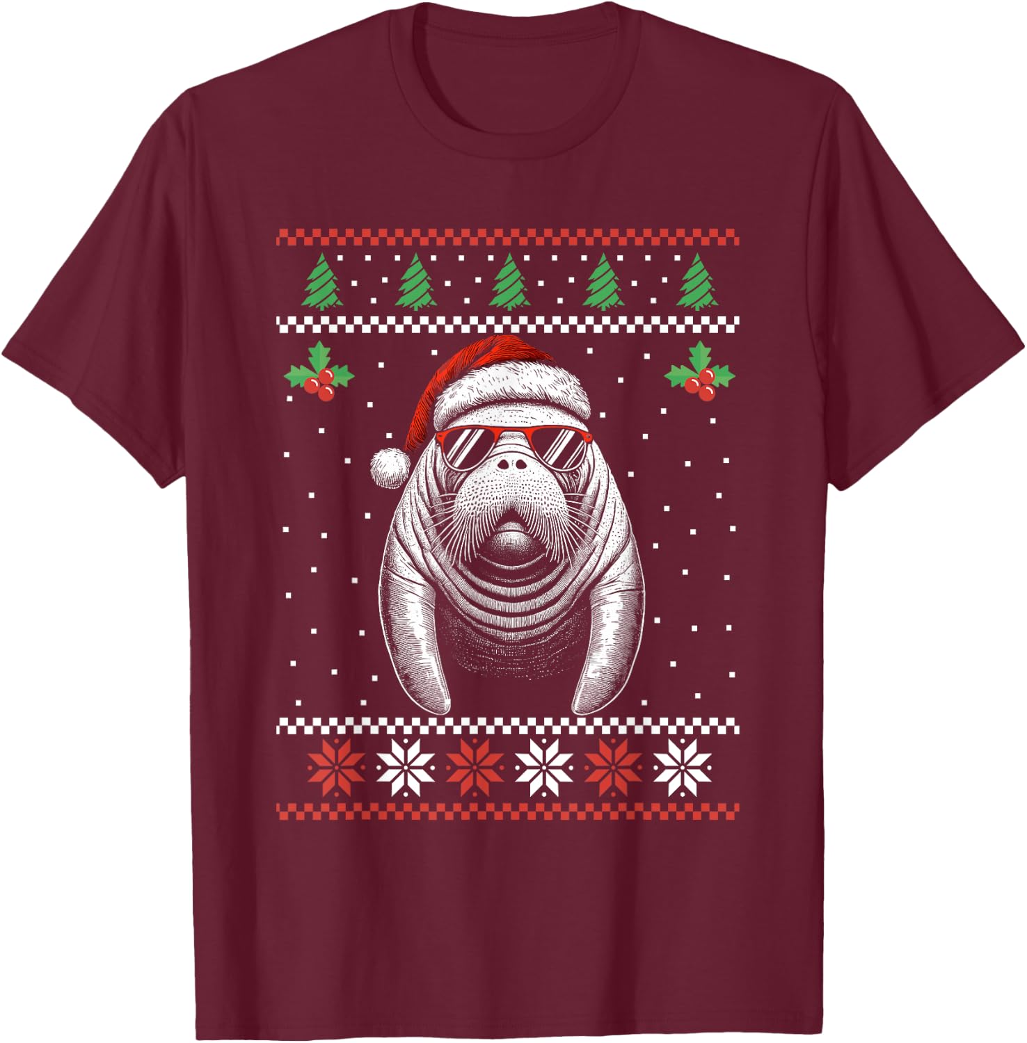 Manatee Santa Hat Ugly Christmas Sweater Xmas T-Shirt - T-Shirt | Maroon