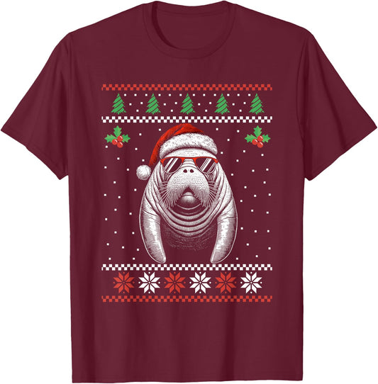 Manatee Santa Hat Ugly Christmas Sweater Xmas T-Shirt - T-Shirt | Maroon