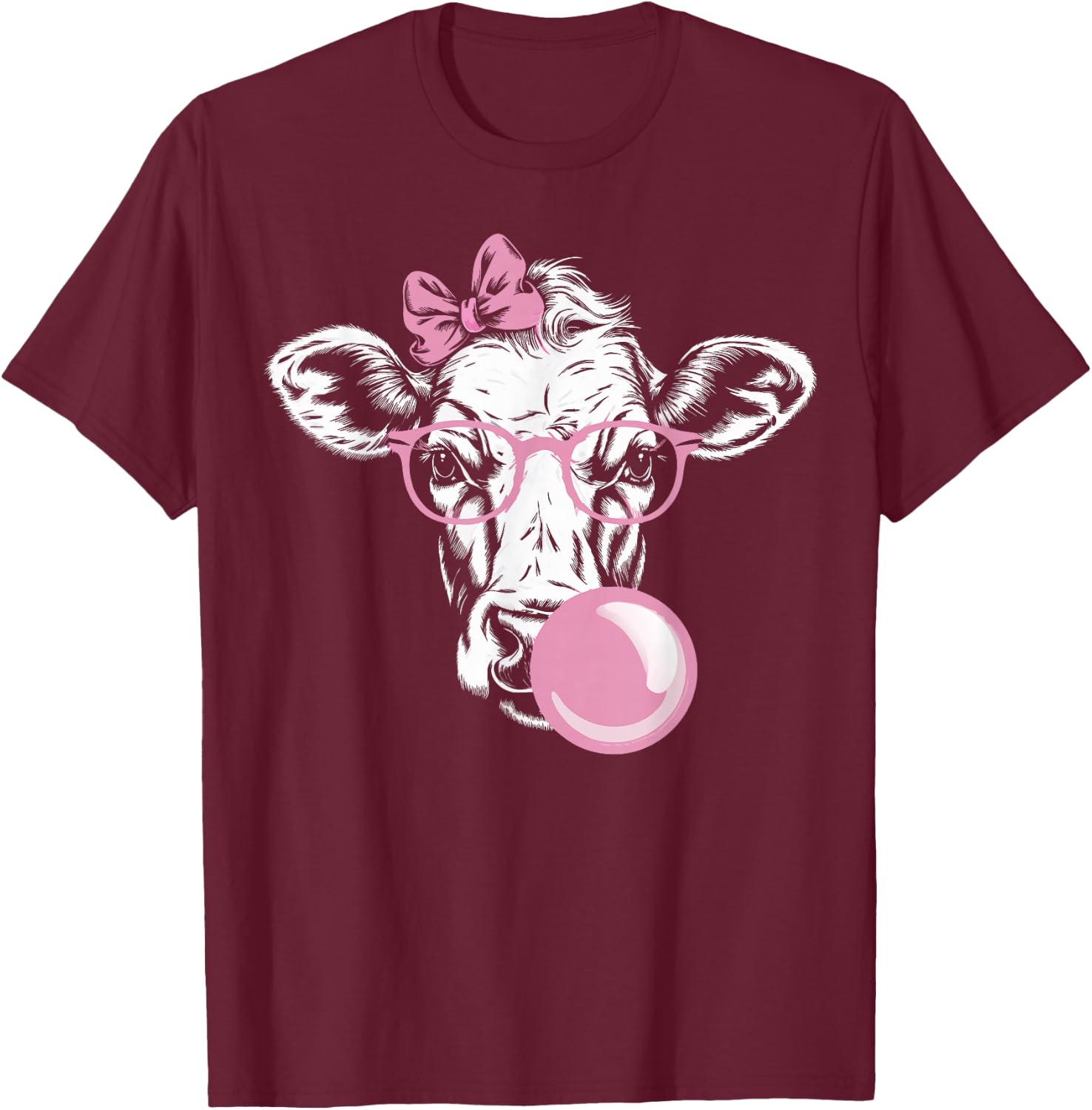 Cow Wearing Glasses and Blowing Pink Bubble Gum T-Shirt - T-Shirt | Maroon