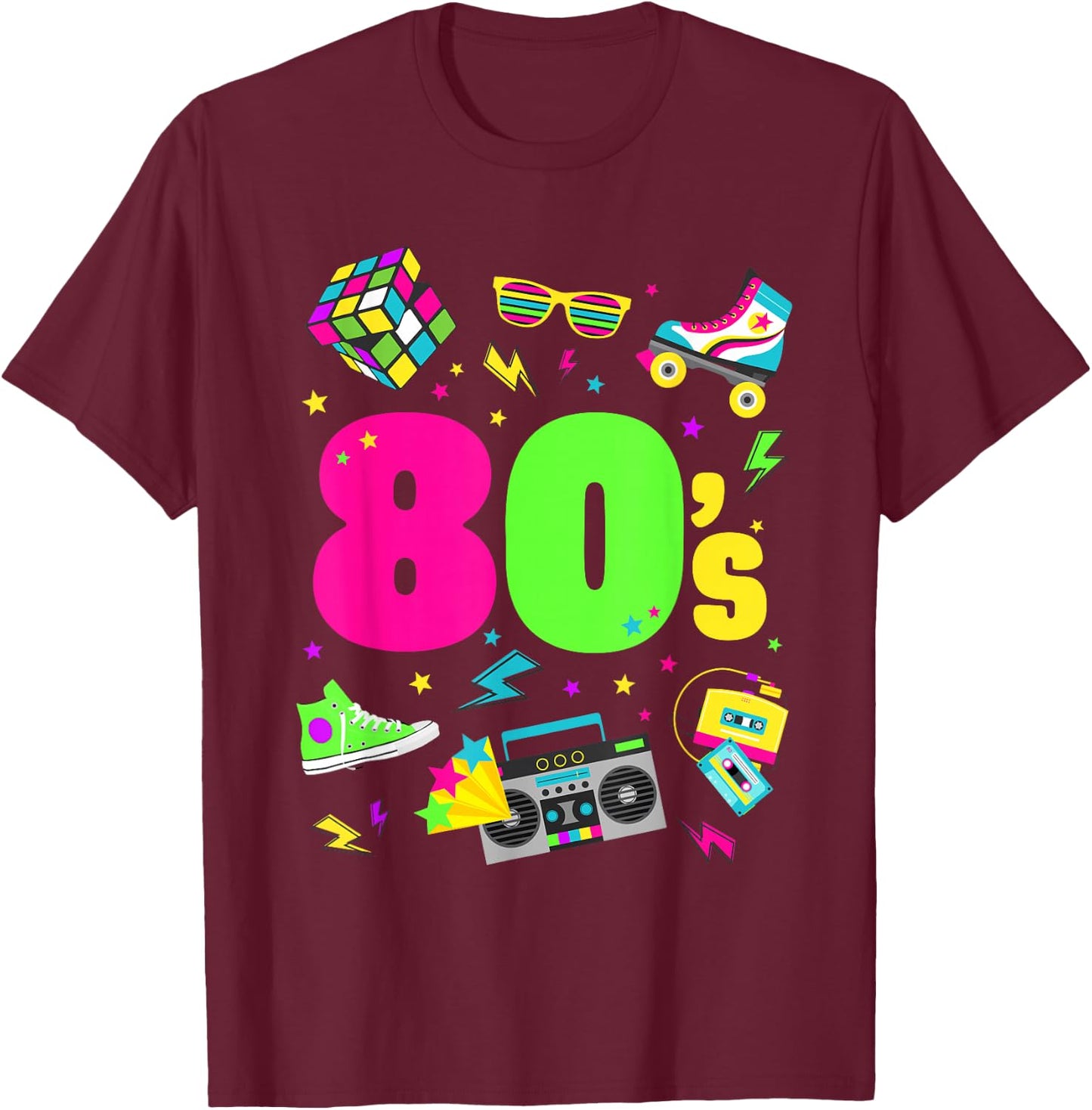 Adult - Black - S - Crew Collar - Cartoon - Crossed - Short Sleeves - EU 38/40 - 80s Theme T-Shirt - T-Shirt | Maroon