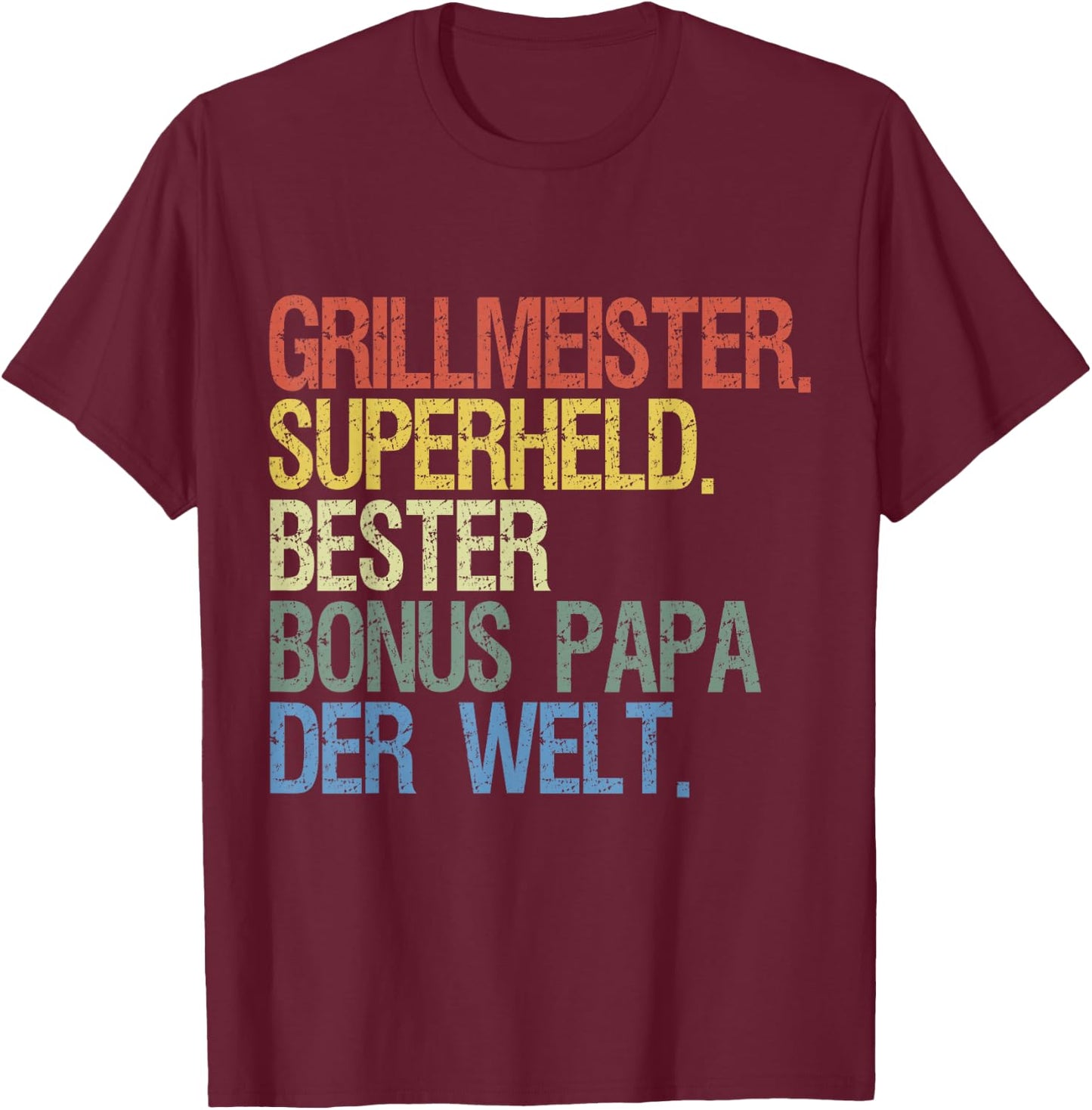 Bonus Papa für Vatertag & Geburtstag - Grillmeister Superheld - Schwarz, Kurzarm, Klein, EU 41, Klassische Passform, , Baumwolle T-Shirt - T-Shirt | Maroon