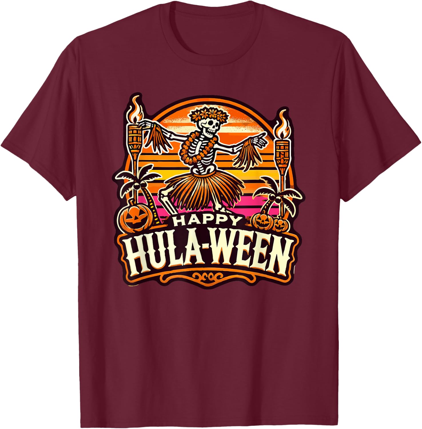 Happy Hulaween Spooky Halloween Island Skeleton Hula Dancer T-Shirt - T-Shirt | Maroon