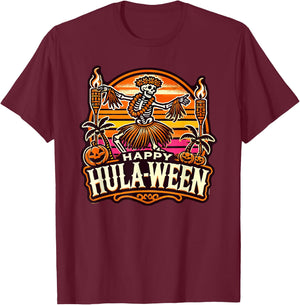 Happy Hulaween Spooky Halloween Island Skeleton Hula Dancer T-Shirt - T-Shirt | Maroon