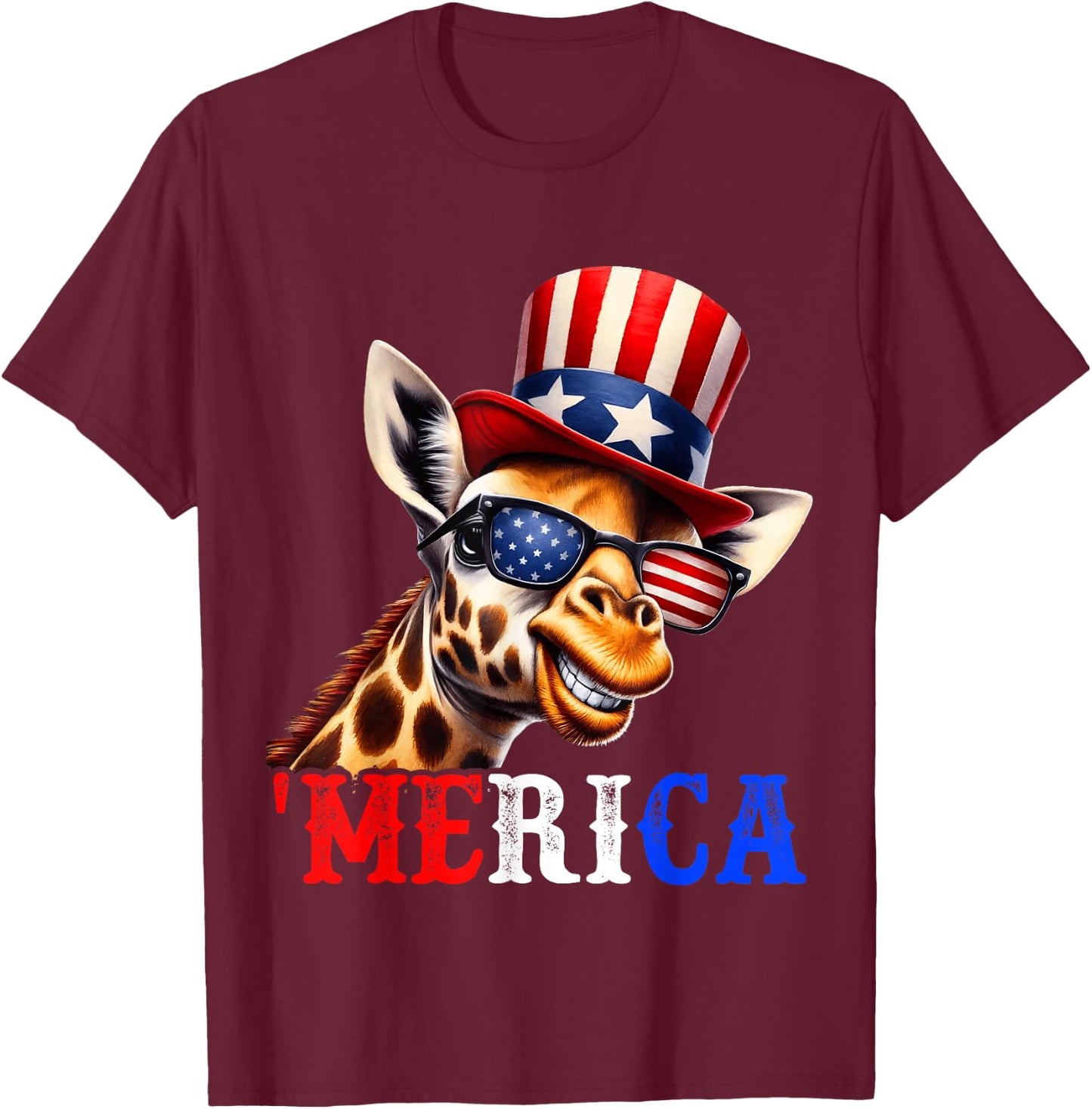 Merica Giraffe Patriotic 4th of July Funny Kids Men Women T-Shirt - T-Shirt | Maroon