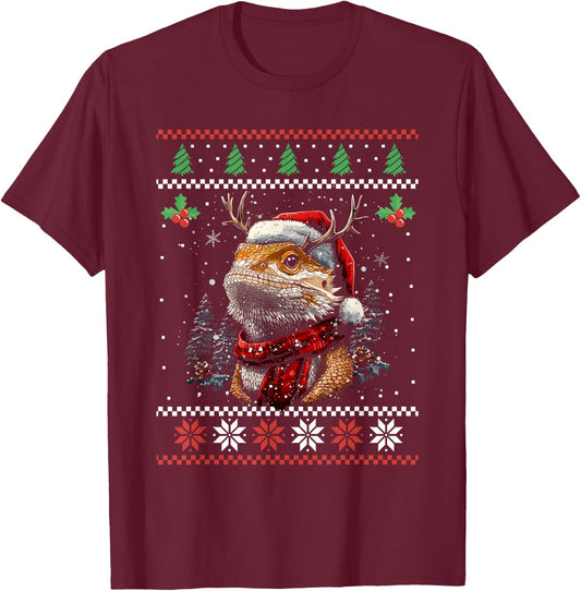 Bearded Dragon Santa Hat Ugly Christmas Sweater Xmas T-Shirt - T-Shirt | Maroon