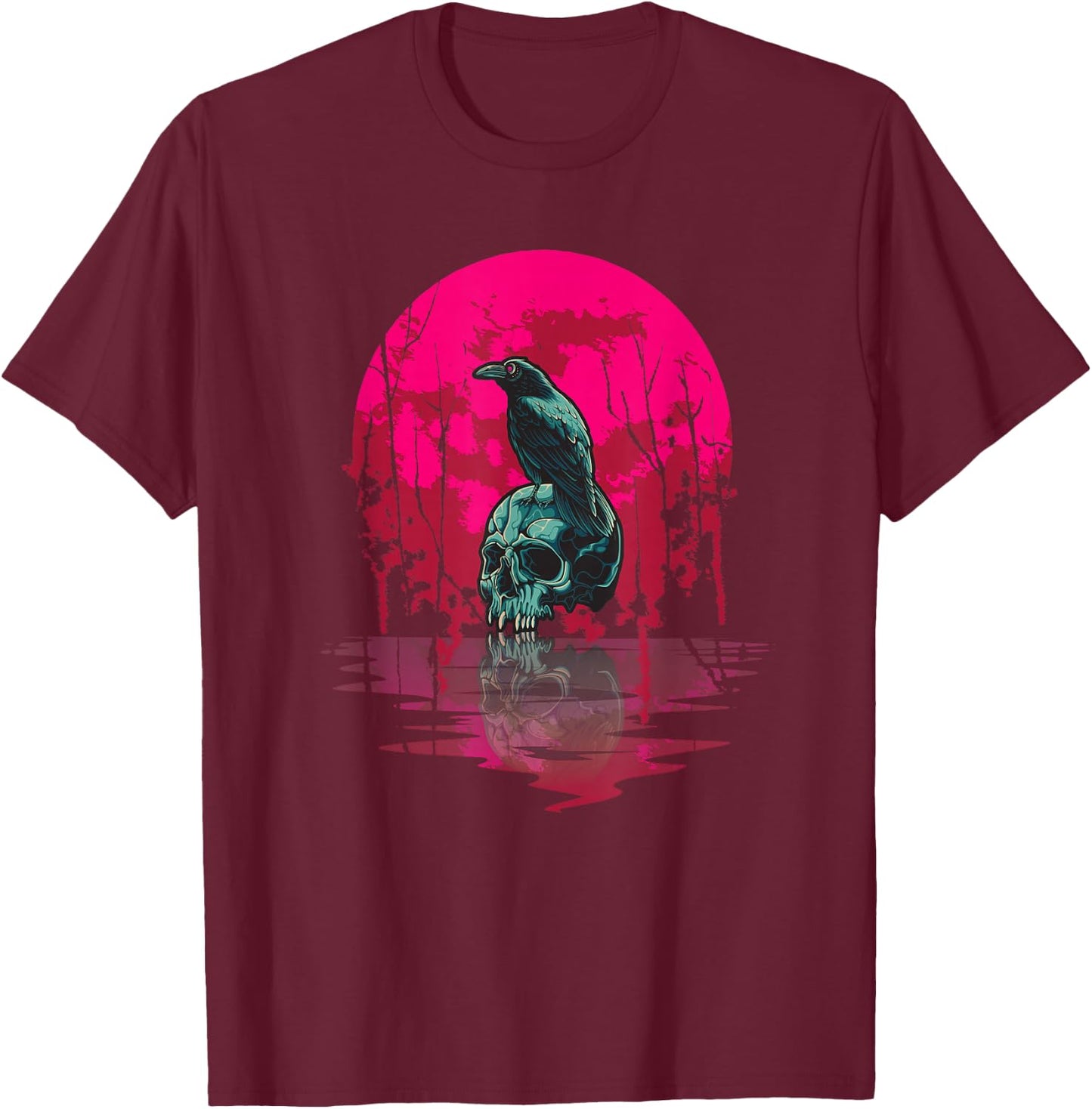 Gothic Raven Skull Red Moon Black Crow T-Shirt - T-Shirt | Maroon