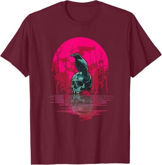 Gothic Raven Skull Red Moon Black Crow T-Shirt - T-Shirt | Maroon