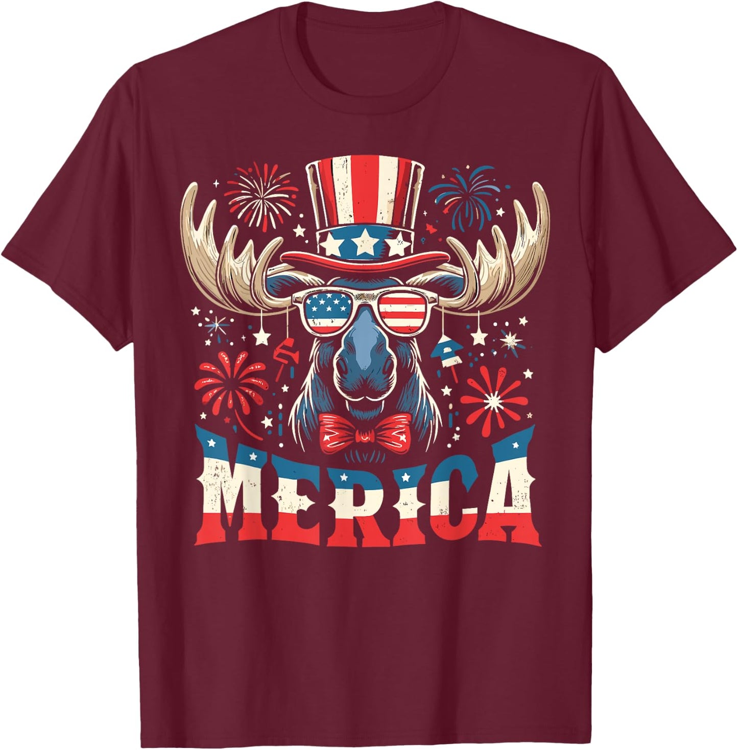Patriotic Moose USA Flag 4th of July Moose Women Men Merica T-Shirt - T-Shirt | Maroon
