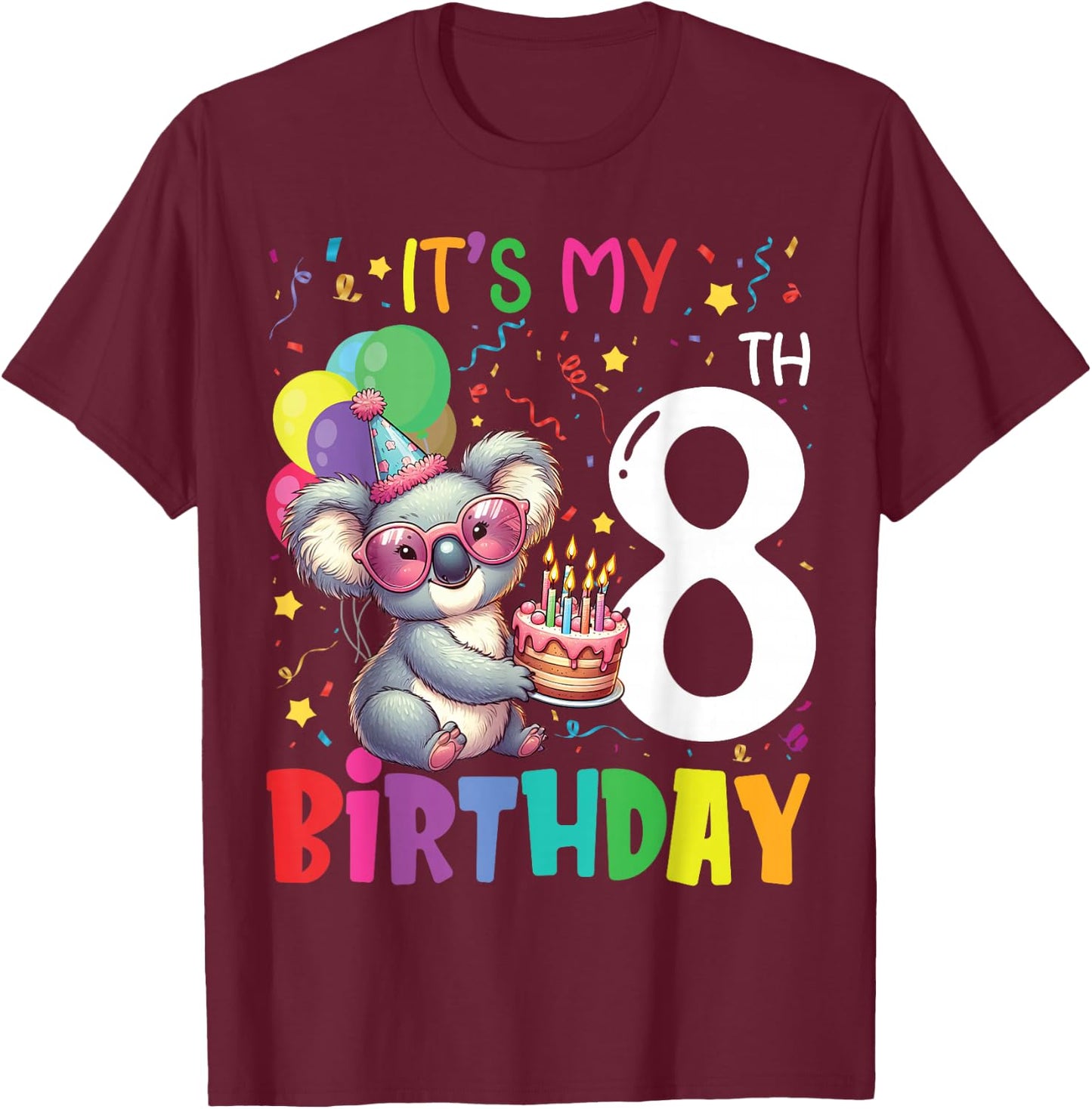 It's My 8th Birthday Koala 8 Years Boys Girls Kids , black T-Shirt - T-Shirt | Maroon
