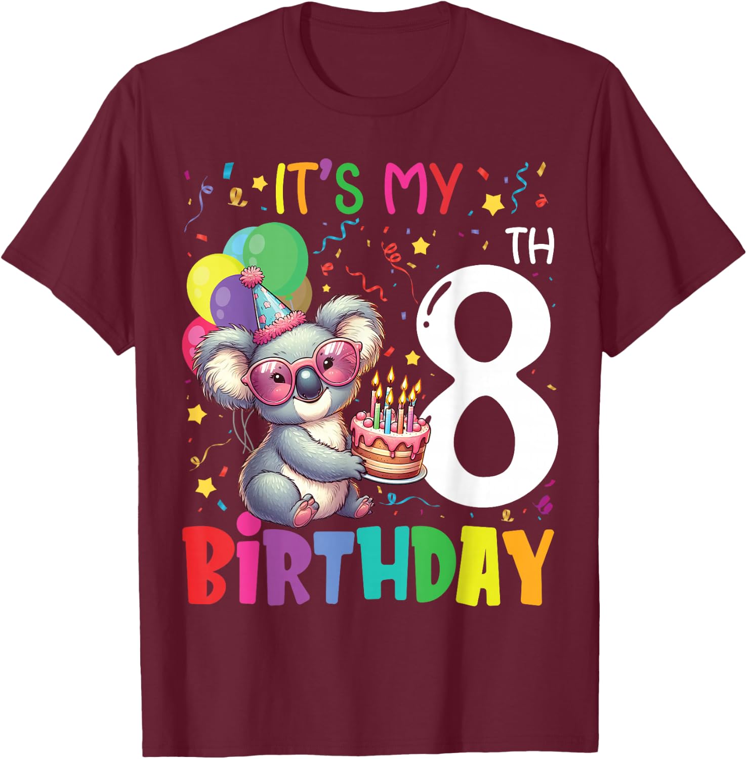 It's My 8th Birthday Koala 8 Years Boys Girls Kids , black T-Shirt - T-Shirt | Maroon