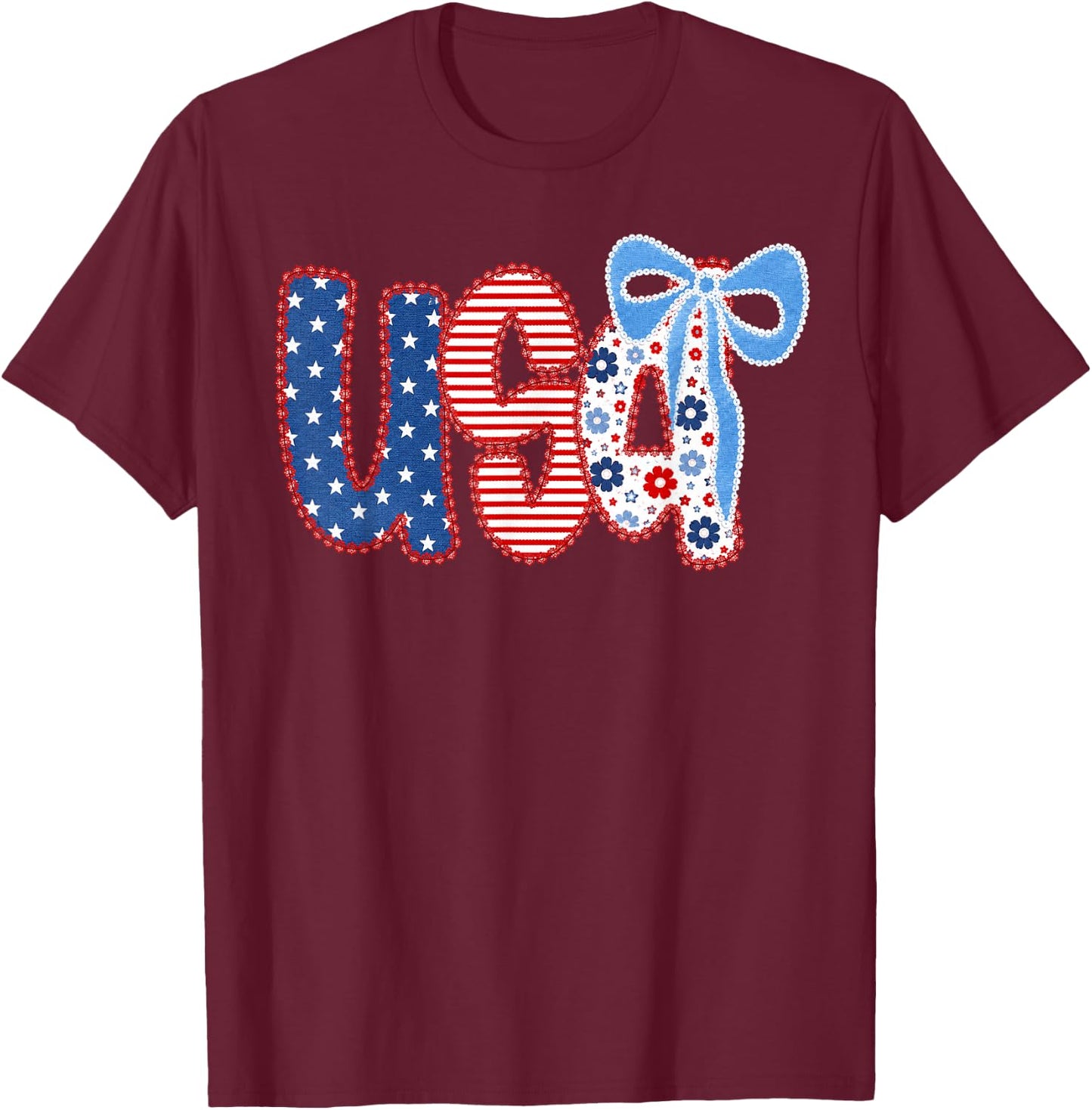 4th of July USA Coquette Bow Patriotic Women Girl T-Shirt - T-Shirt | Maroon