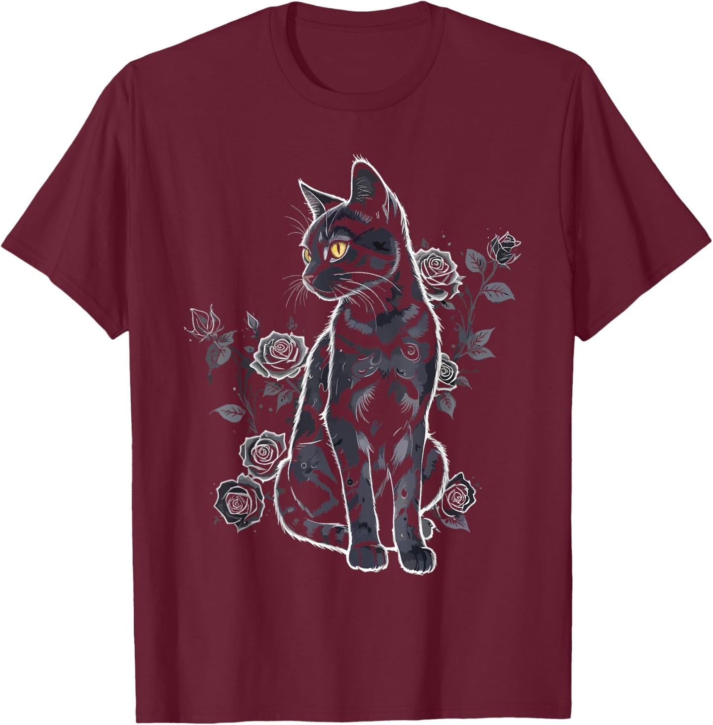 Black Roses Alt Aesthetic Nu Goth Teen Goth Cat T-Shirt - T-Shirt | Maroon