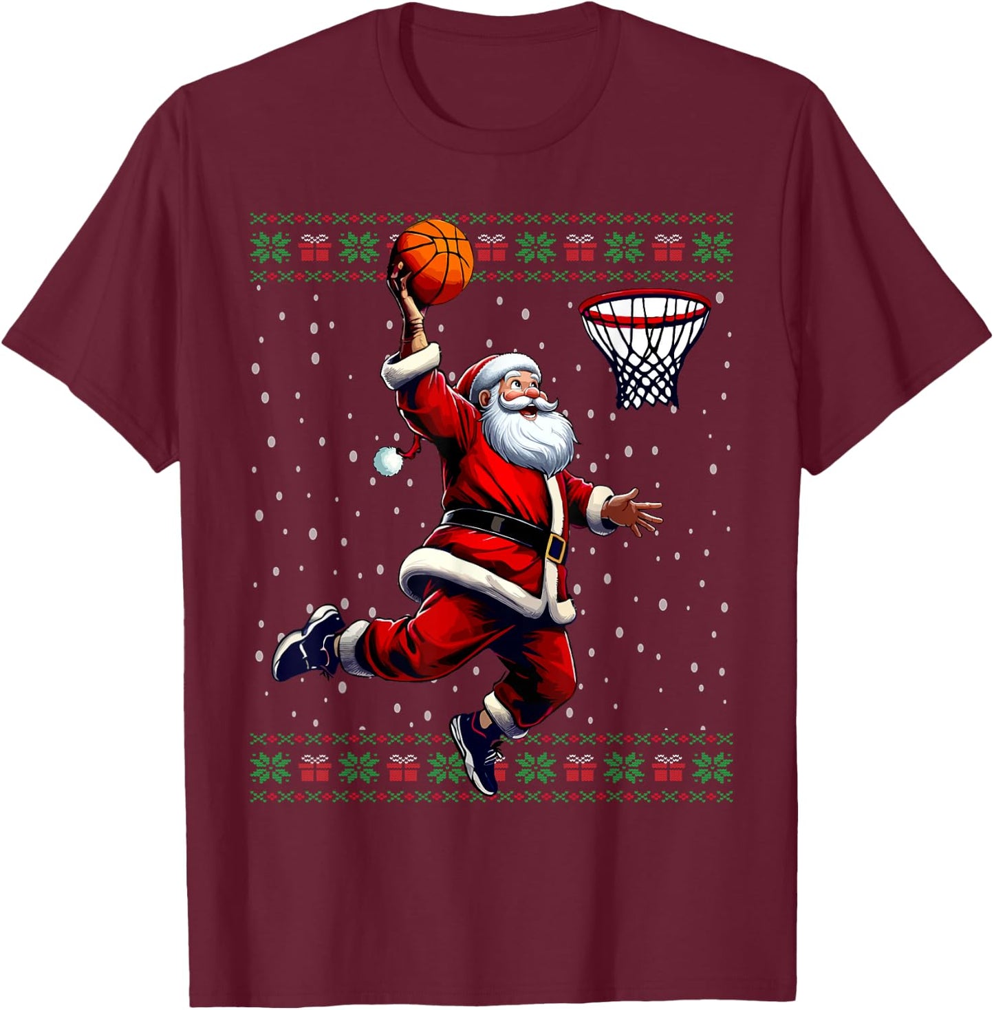 Santa Basketball Ugly Christmas Sweater T-Shirt - T-Shirt | Maroon