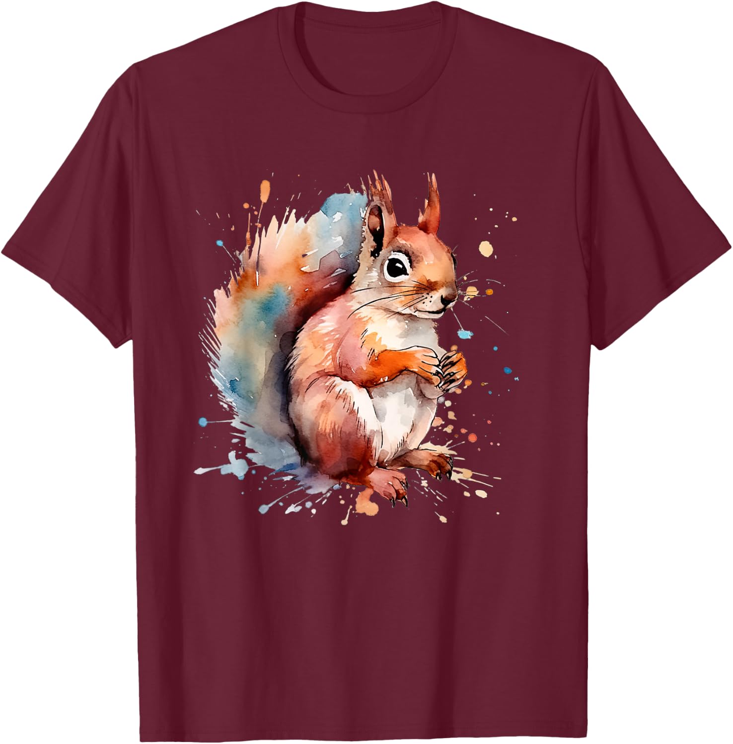 Cute Squirrel Animal Designs Co Kids Black Watercolor Cartoon Modern T-Shirt - T-Shirt | Maroon