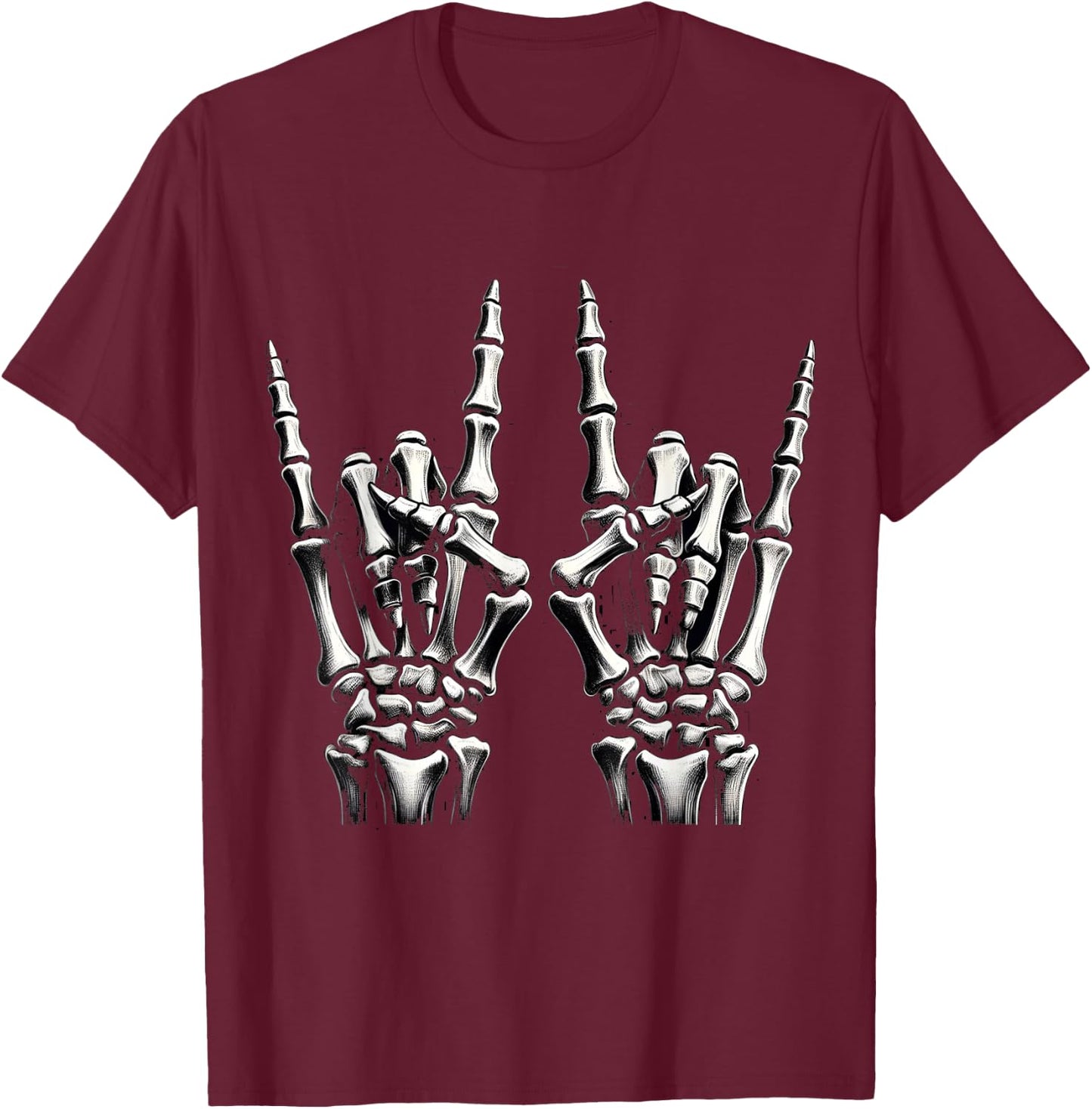 Hand rock on skeleton panel for music supporters , Black, S T-Shirt - T-Shirt | Maroon