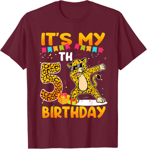It's My 5th Birthday Leopard Cheetah 5 Year Old Party T-Shirt - T-Shirt | Maroon
