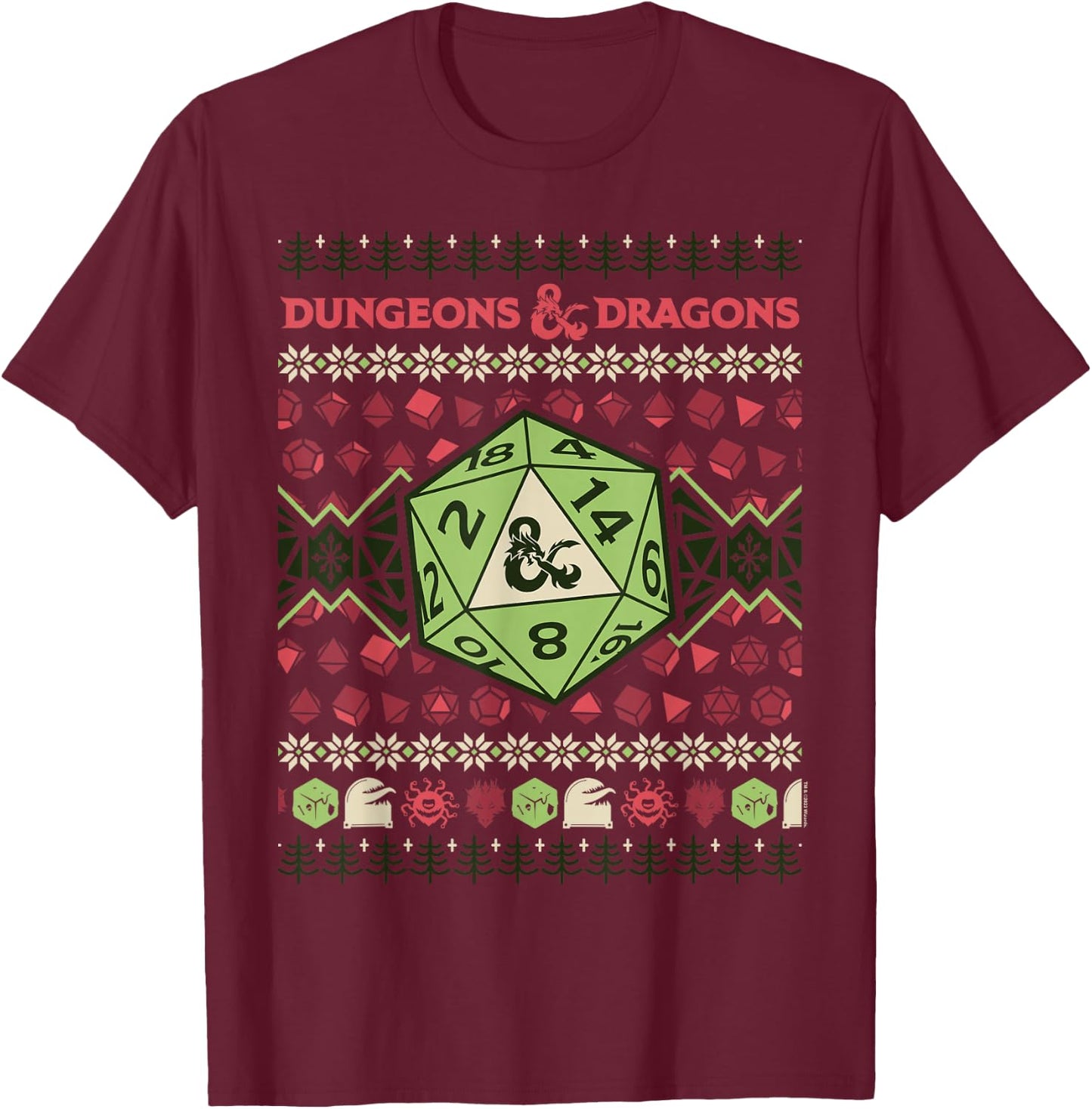Dungeons & Dragons 20-Sided Dice Ugly Christmas T-Shirt - T-Shirt | Maroon