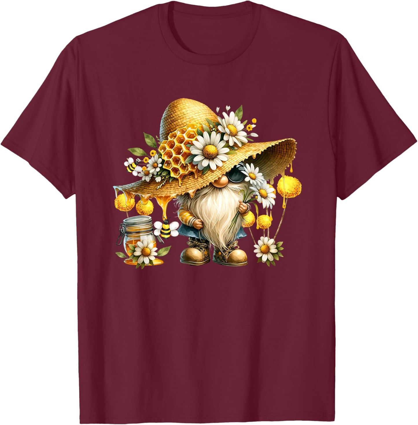 Funny Summer Graphic Bee Lover Daisy Flower Gnome T-Shirt - T-Shirt | Maroon