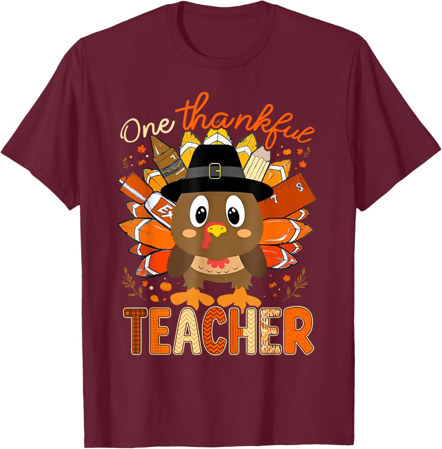 One Thankful Teacher Turkey Pencil Thanksgiving Teachers T-Shirt - T-Shirt | Maroon