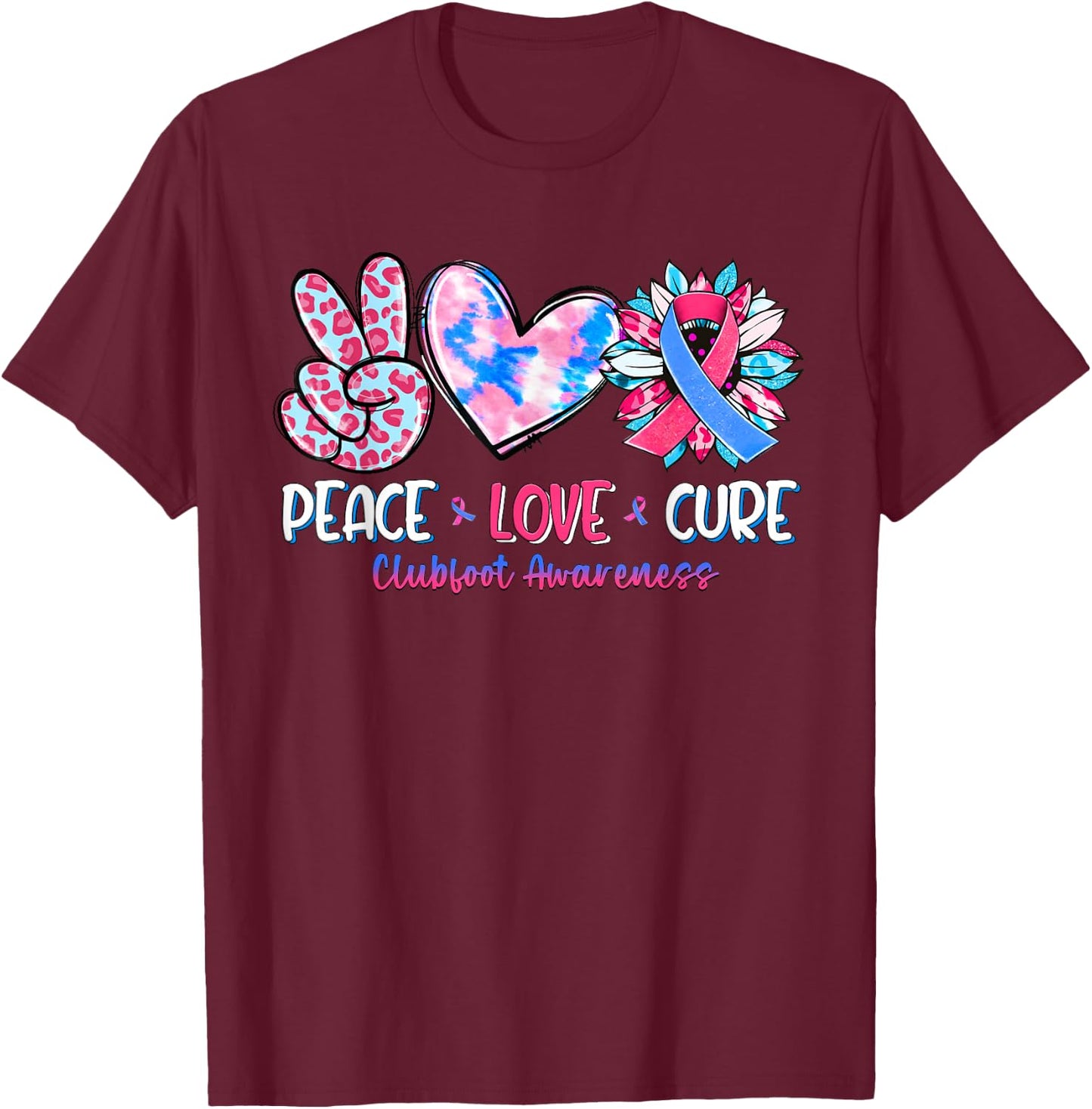 Peace Love Cure Sunflower Clubfoot Awareness T-Shirt - T-Shirt | Maroon