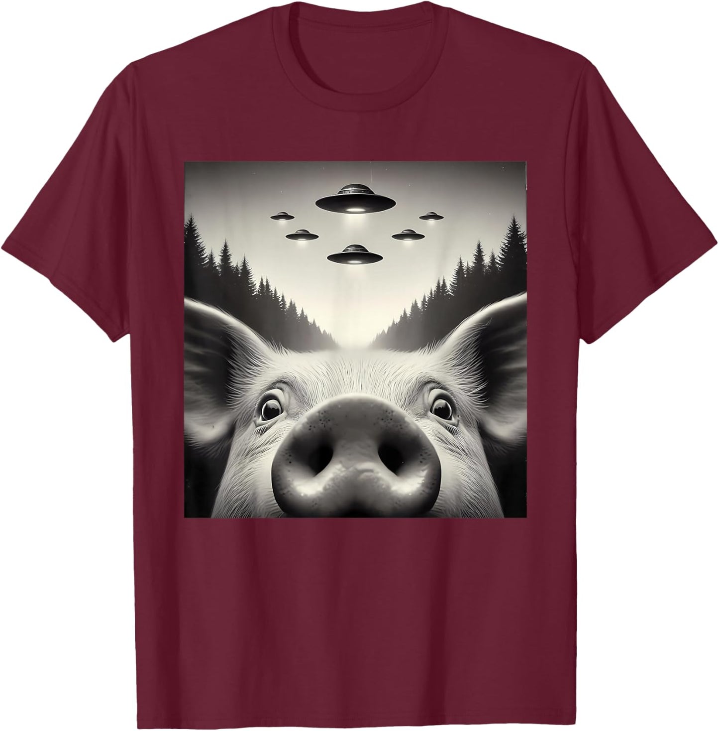 Funny Pig Selfie UFO Alien Humor Vintage Print Art Design T-Shirt - T-Shirt | Maroon