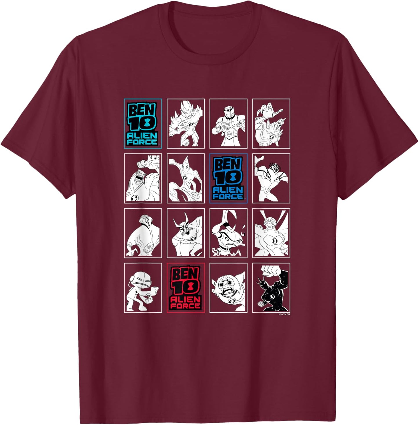 Ben 10: Alien Force Ten Alien Heroes VS Villains B&W Panels T-Shirt - T-Shirt | Maroon