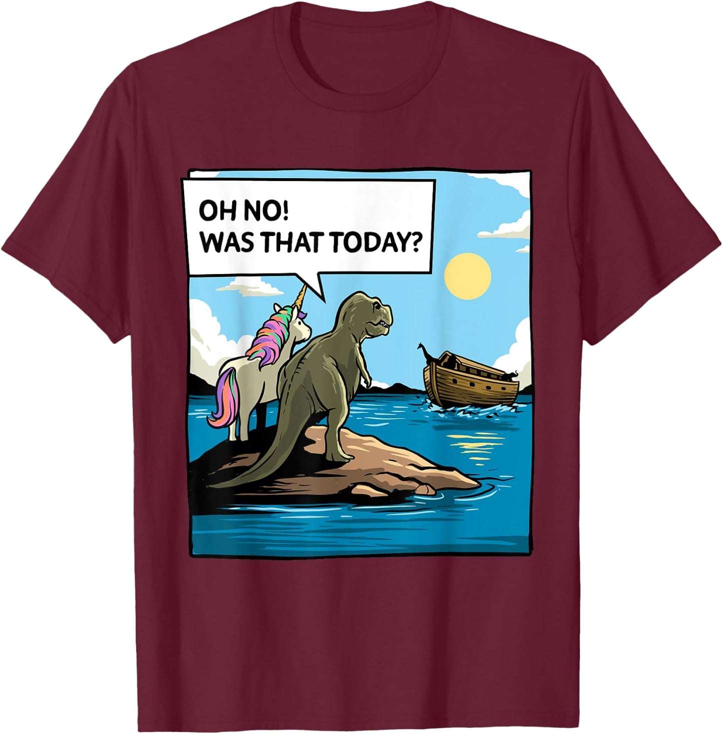 Christian Noah's Ark Bibble Pun Last Unicorn Dinosaur Funny T-Shirt - T-Shirt | Maroon
