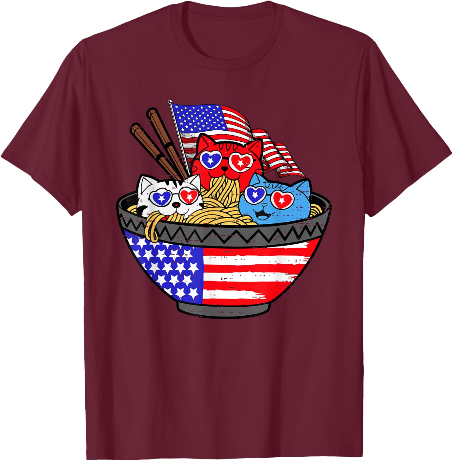 Cats Ramen Anime Kitty American Flag USA 4th of July Fourth T-Shirt - T-Shirt | Maroon