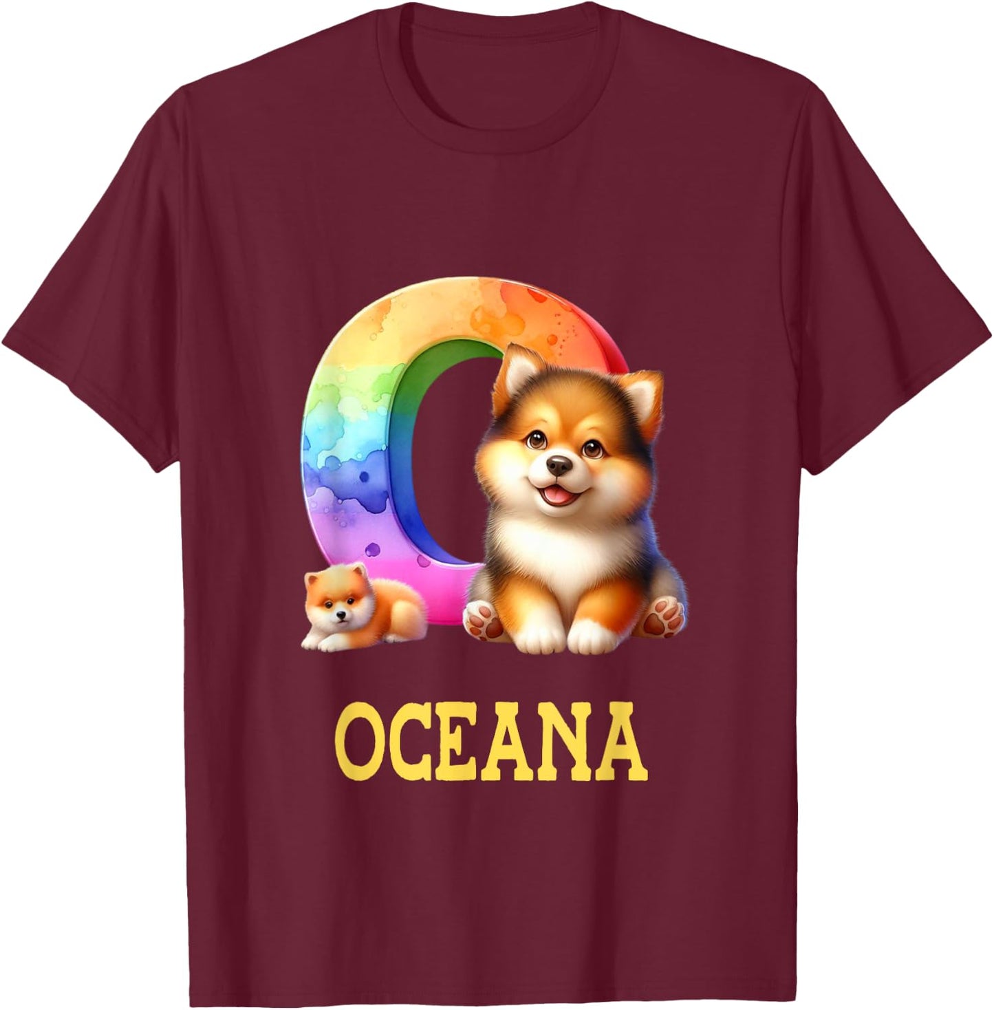 Cute Dogs Letter Oceana Name Rainbow Dog T-Shirt - T-Shirt | Maroon