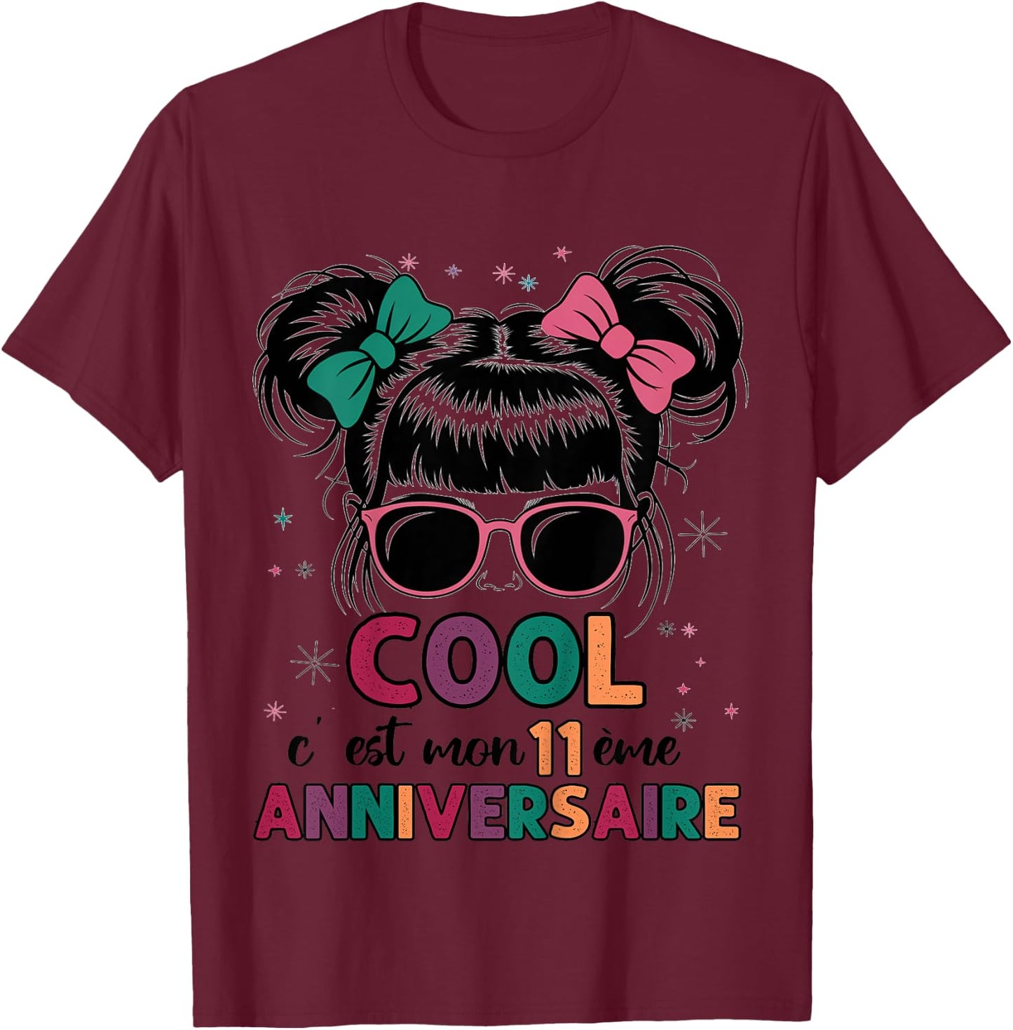 Children's 11 Year Old Birthday Gift Girl Cool Fun Glasses Festive , white, 2 T-Shirt - T-Shirt | Maroon