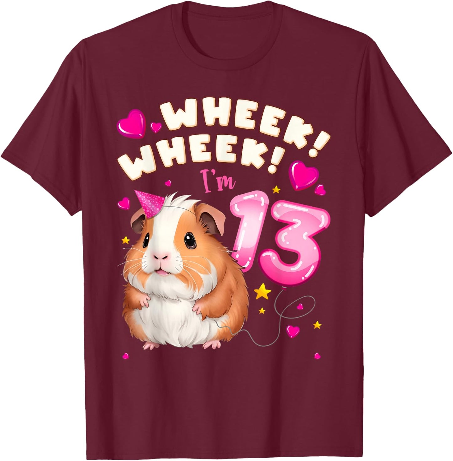 13th Birthday Girl 13 Years, Guinea Pig and Big Number 13 T-Shirt - T-Shirt | Maroon