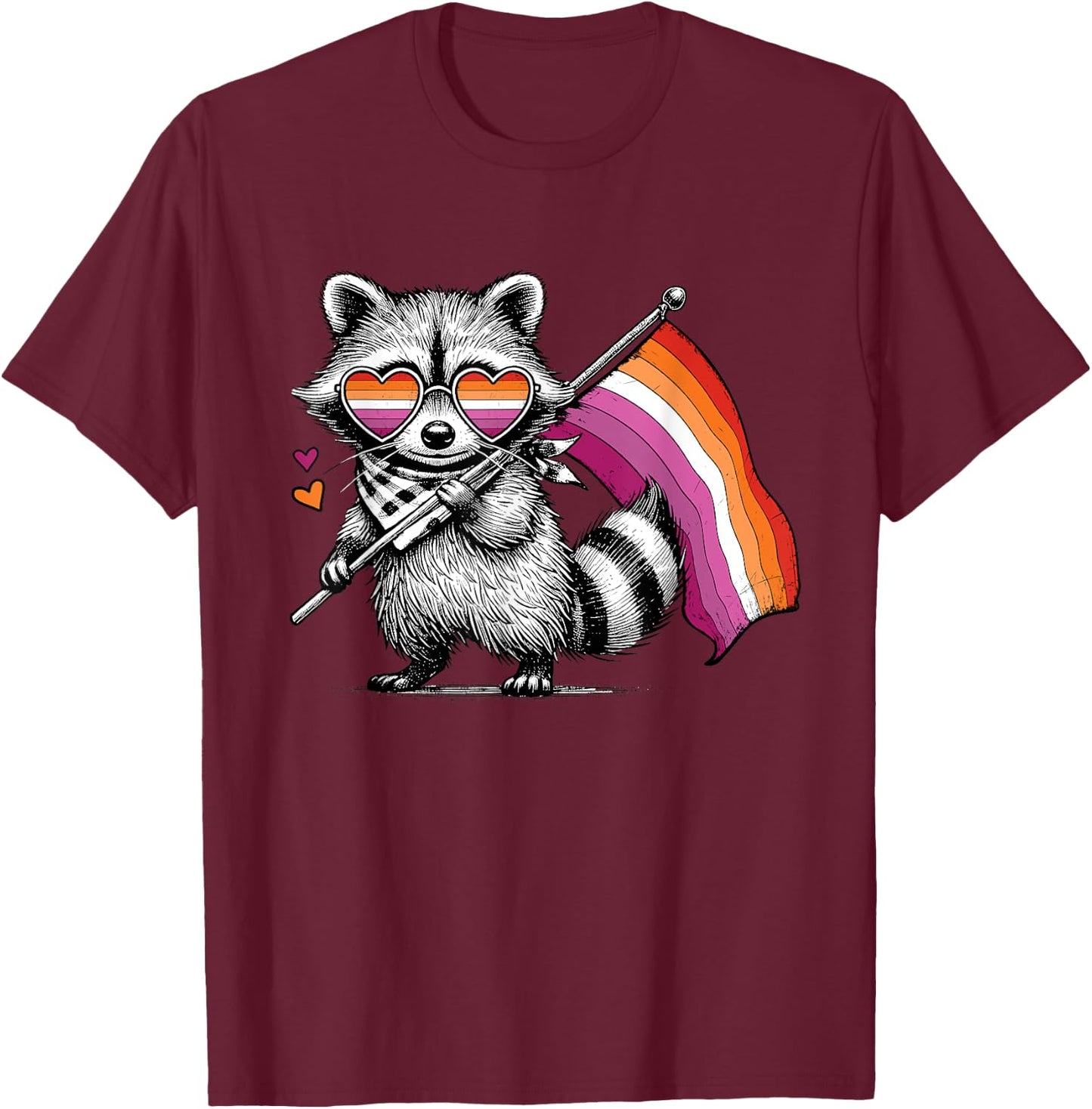 Funny Cute Raccoon Hold Flag Lesbian Subtle Sapphic Pride T-Shirt - T-Shirt | Maroon