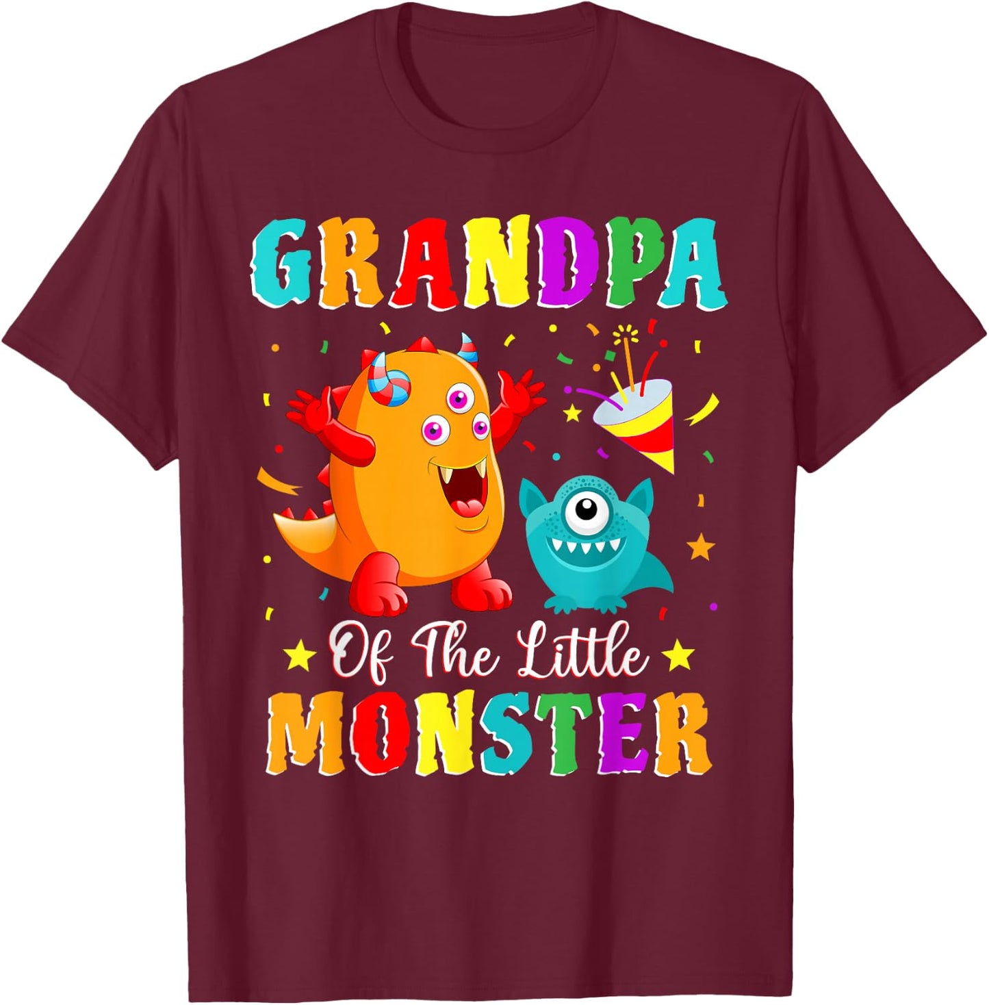 Grandpa Of The Little Monster Family Matching Birthday Party T-Shirt - T-Shirt | Maroon