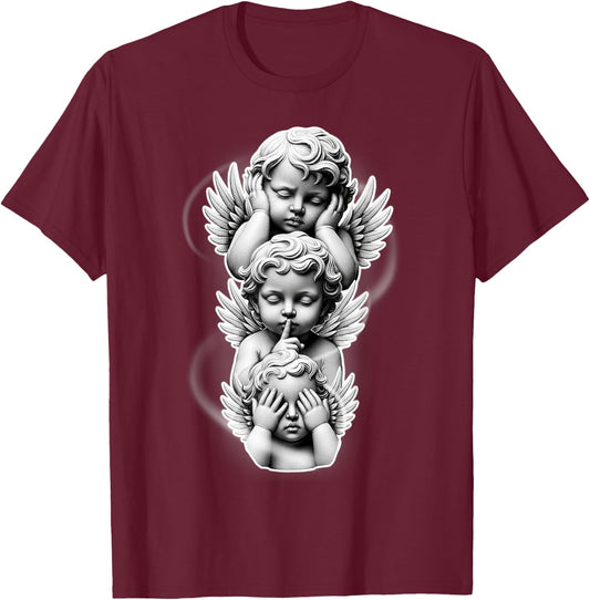 See No Evil Speak No Evil Hear No Evil Baby Angel Cherubs T-Shirt - T-Shirt | Maroon