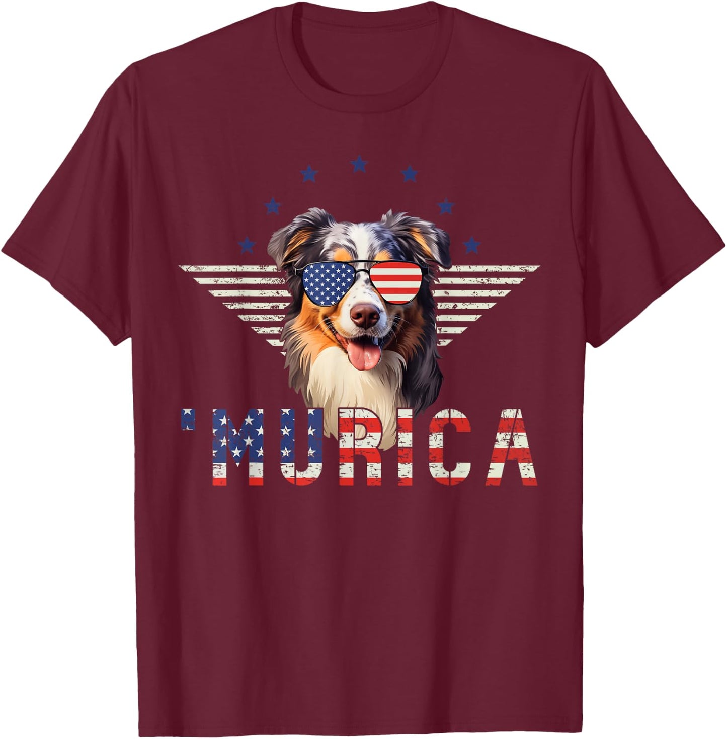 Murica Australian Shepherd Sunglasses American Flag 4th July T-Shirt - T-Shirt | Maroon