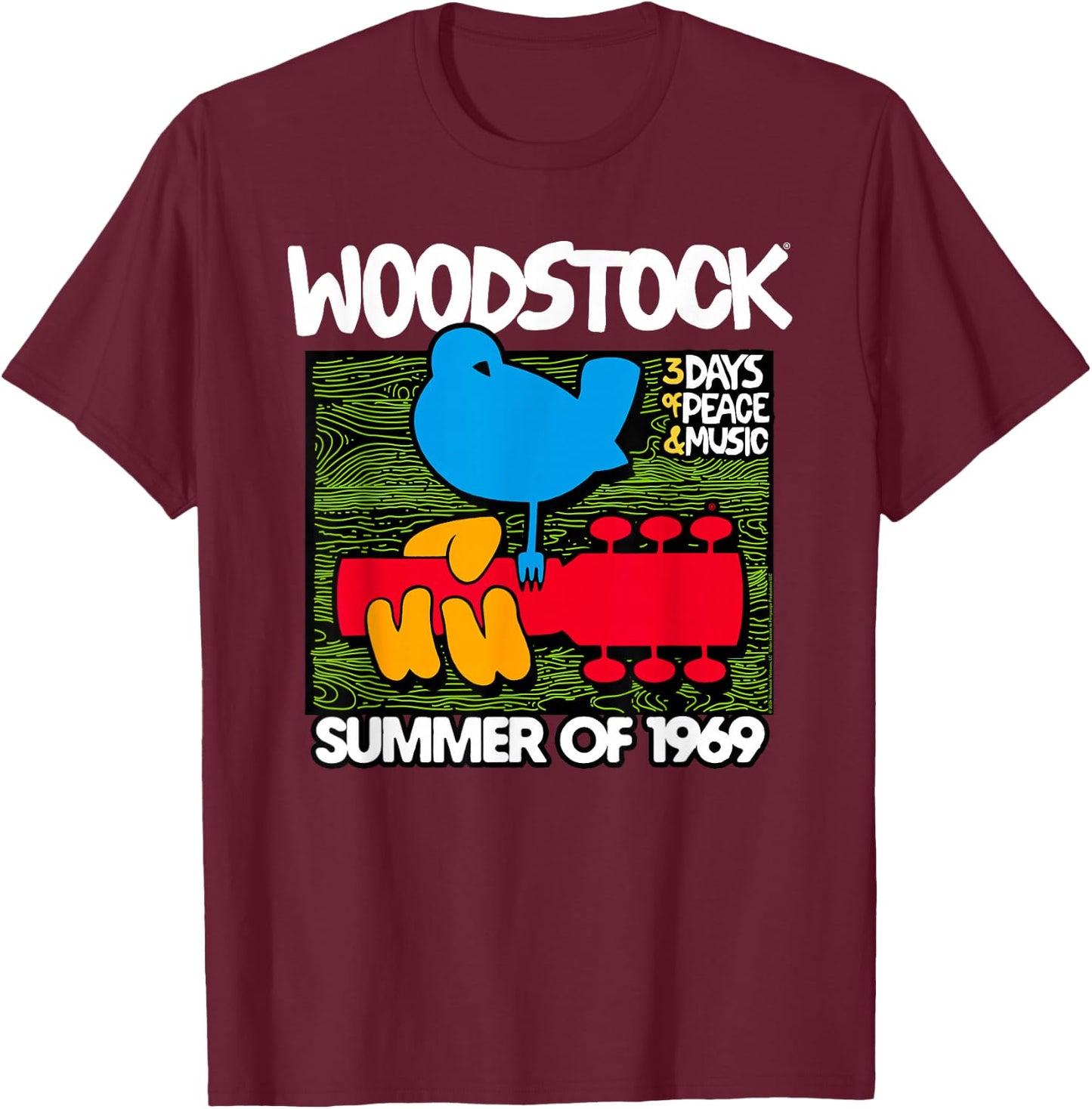 Woodstock Summer 69 Bird Logo , Black, S T-Shirt - T-Shirt | Maroon