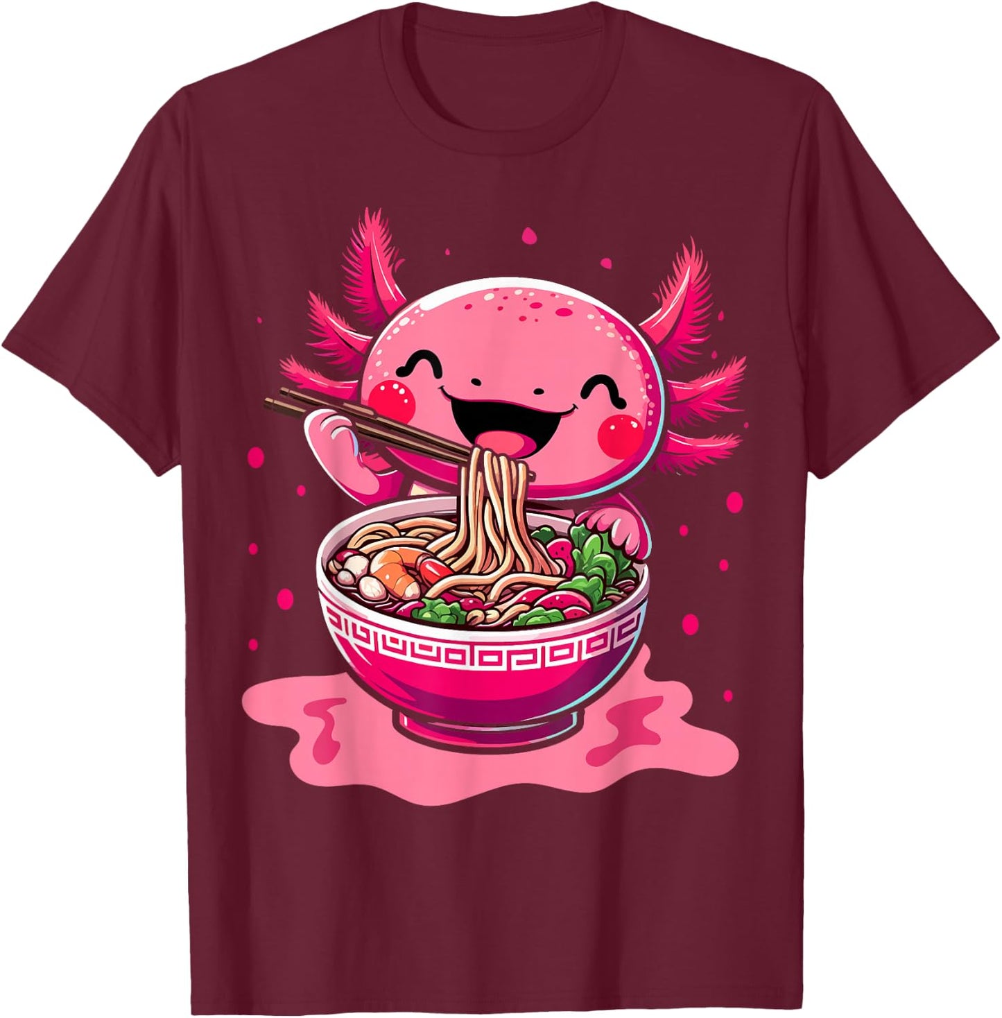 Kawaii Axolotl Eating Ramen Noodles Kids Teen Boys Girls T-Shirt - T-Shirt | Maroon