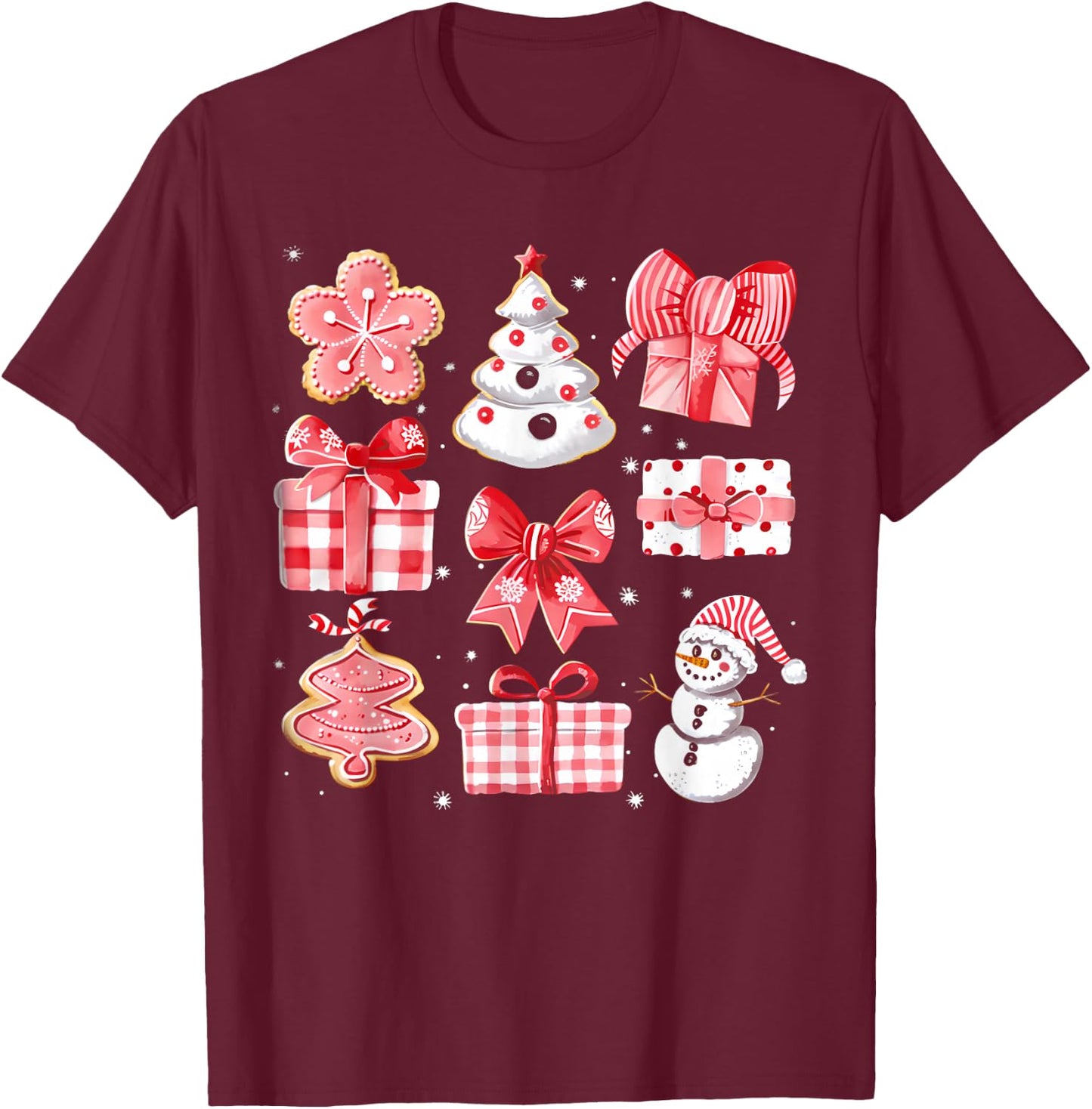 Cute Coquette Christmas Red Bows Santa Gingerbread Snowman T-Shirt - T-Shirt | Maroon