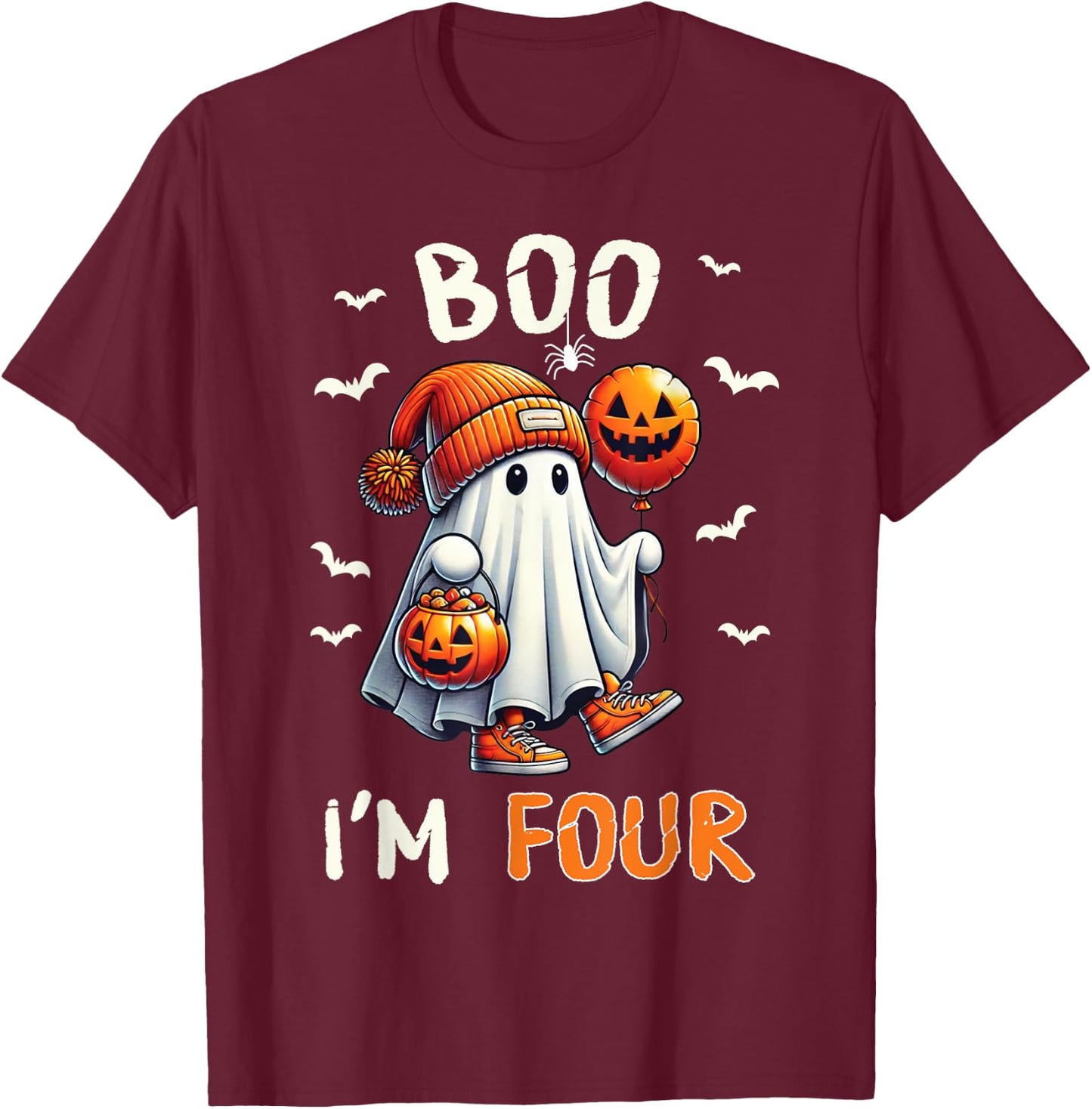 Boo I'm Four Ghost 4th Birthday Halloween Boy Kids Groovy T-Shirt - T-Shirt | Maroon