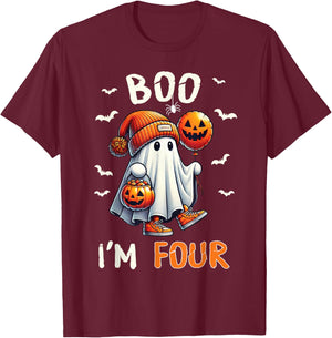 Boo I'm Four Ghost 4th Birthday Halloween Boy Kids Groovy T-Shirt - T-Shirt | Maroon