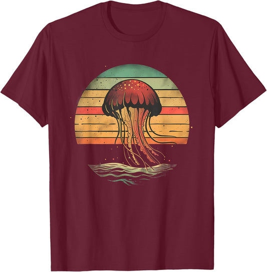 Jellyfish Retro Sunset Marine Mammal Sea Ocean Jellyfish T-Shirt - T-Shirt | Maroon