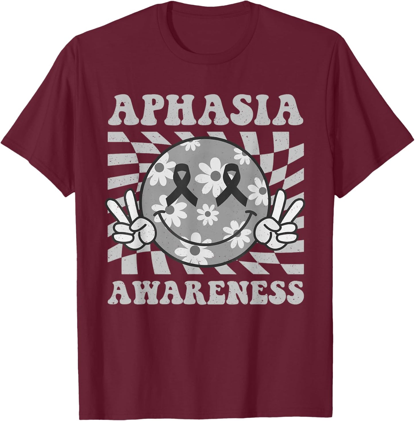 Groovy Aphasia Awareness Smile Face Gray Ribbon Support T-Shirt - T-Shirt | Maroon